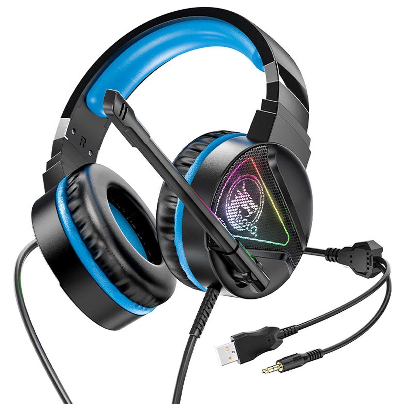 Gaming mit LED Mikrofon Kopfhörer (Stylische Blau Gaming Beleuchtung) und Stereo PC-Headset HOCO W104