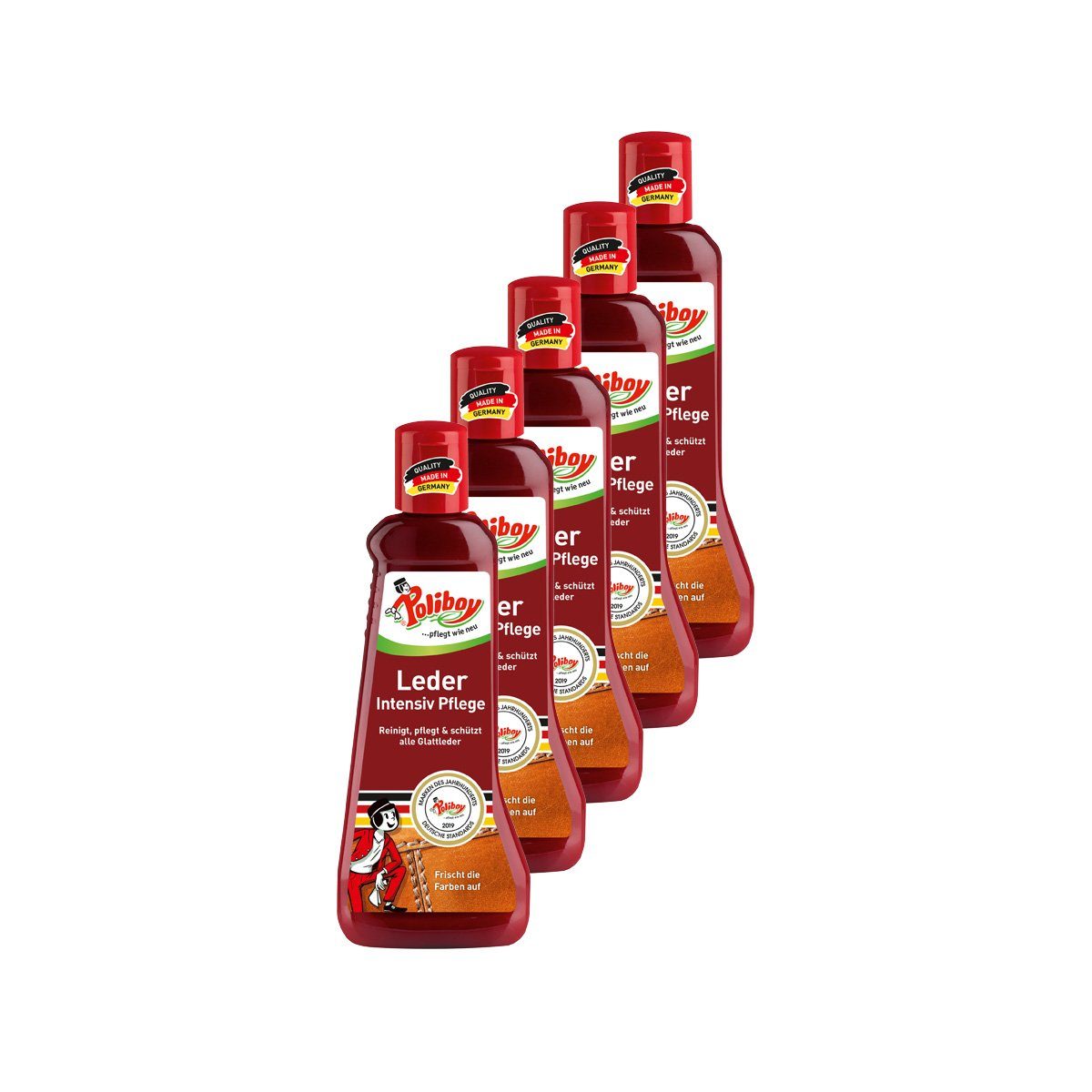 poliboy Leder Intensiv Pflege - reinigt, pflegt und schützt - 5x200ml Lederreiniger (für alle glatten und genarbten Leder - Made in Germany)