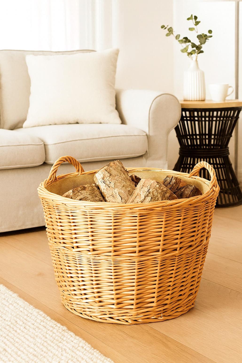 Kobolo Kaminholzkorb Holztrage rund gekochte Weide Leinen D 62 cm günstig online kaufen