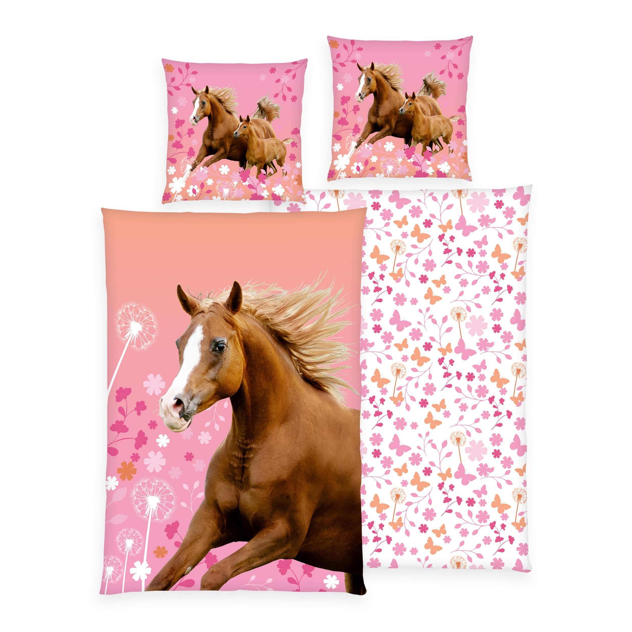 Familando Kinderbettwäsche Pferde Blumen 135x200 80x80 cm aus 100% Baumwoll günstig online kaufen