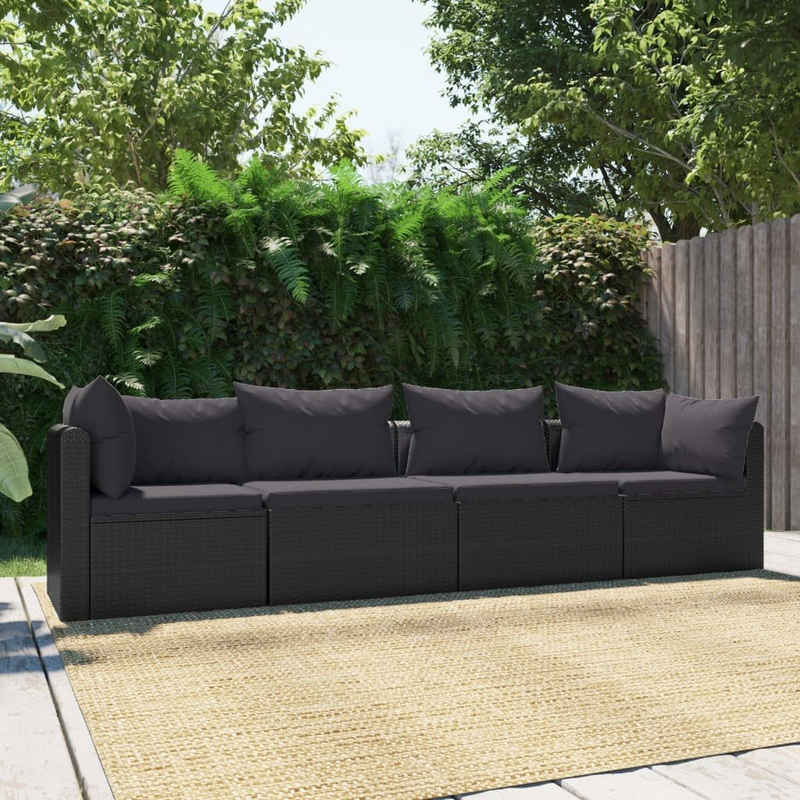 vidaXL Loungesofa 4-tlg. Garten-Sofagarnitur mit Auflagen Poly Rattan Schwarz, 1 Teile