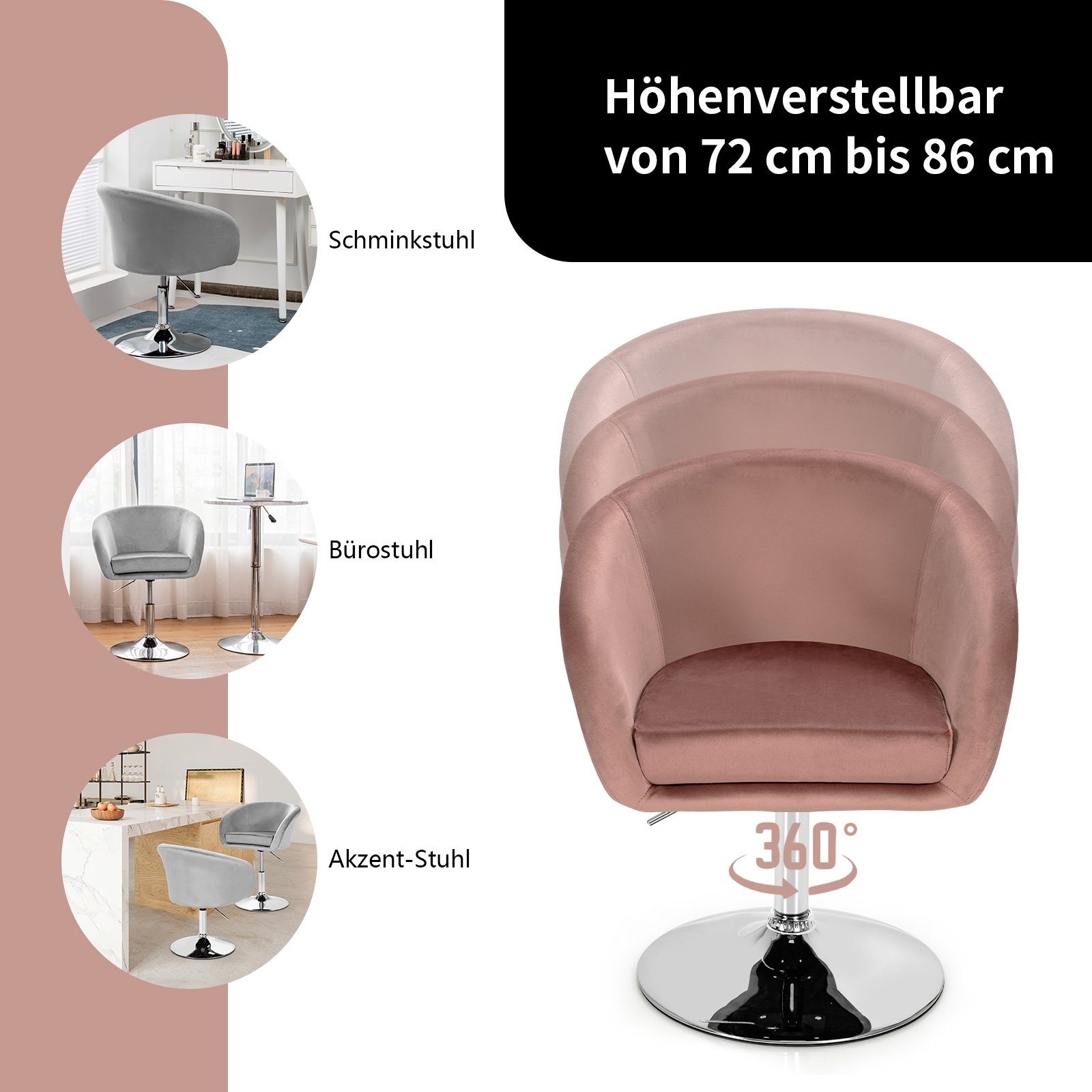 COSTWAY Polsterstuhl Akzentstuhl 120kg Rosa drehbar, höhenverstellbar, 360° bis