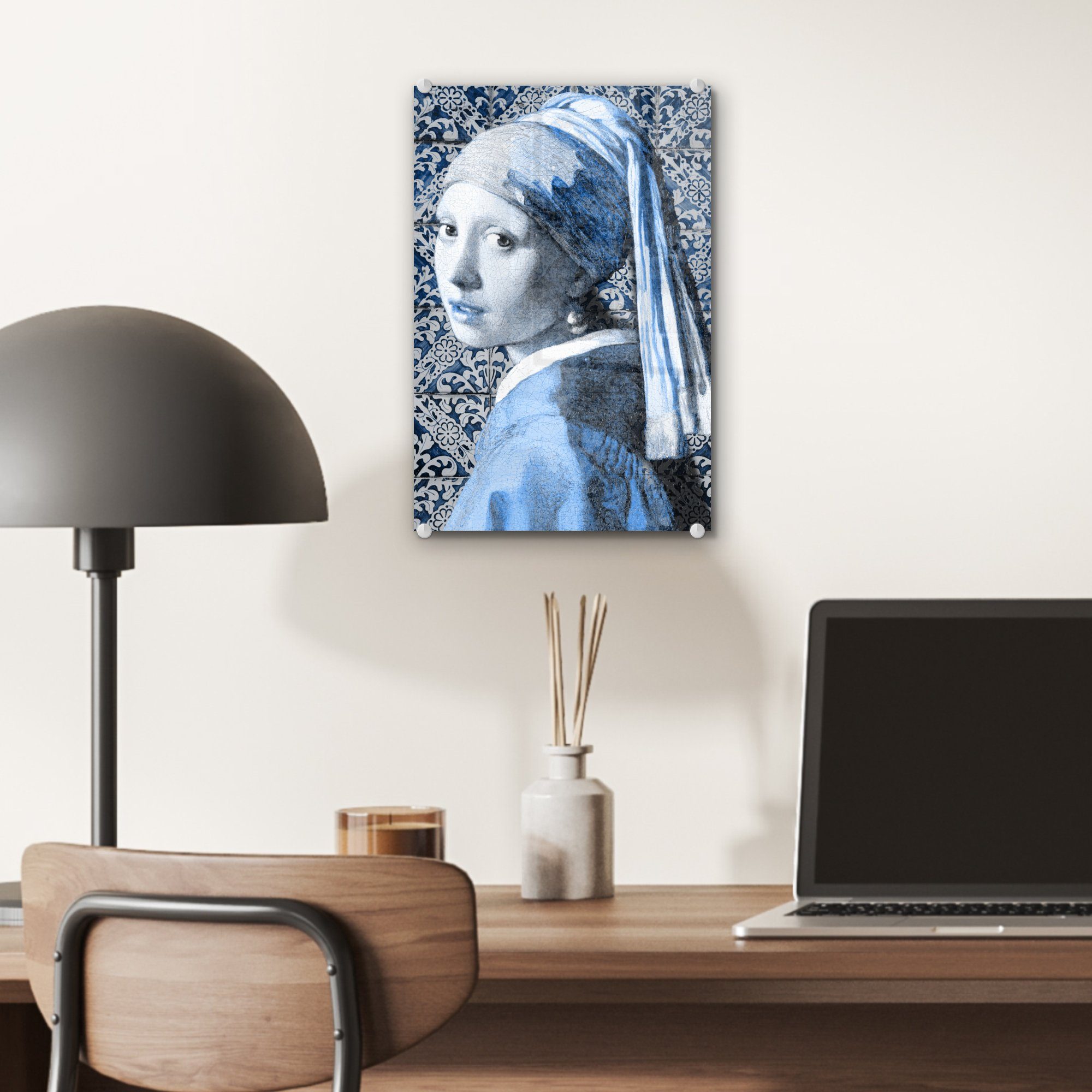 Wandbild - St), Foto (1 Mädchen Glas Vermeer Acrylglasbild Johannes Bilder Wanddekoration Delfter Blau, auf - mit Glasbilder auf Perlenohrring - MuchoWow Glas - -