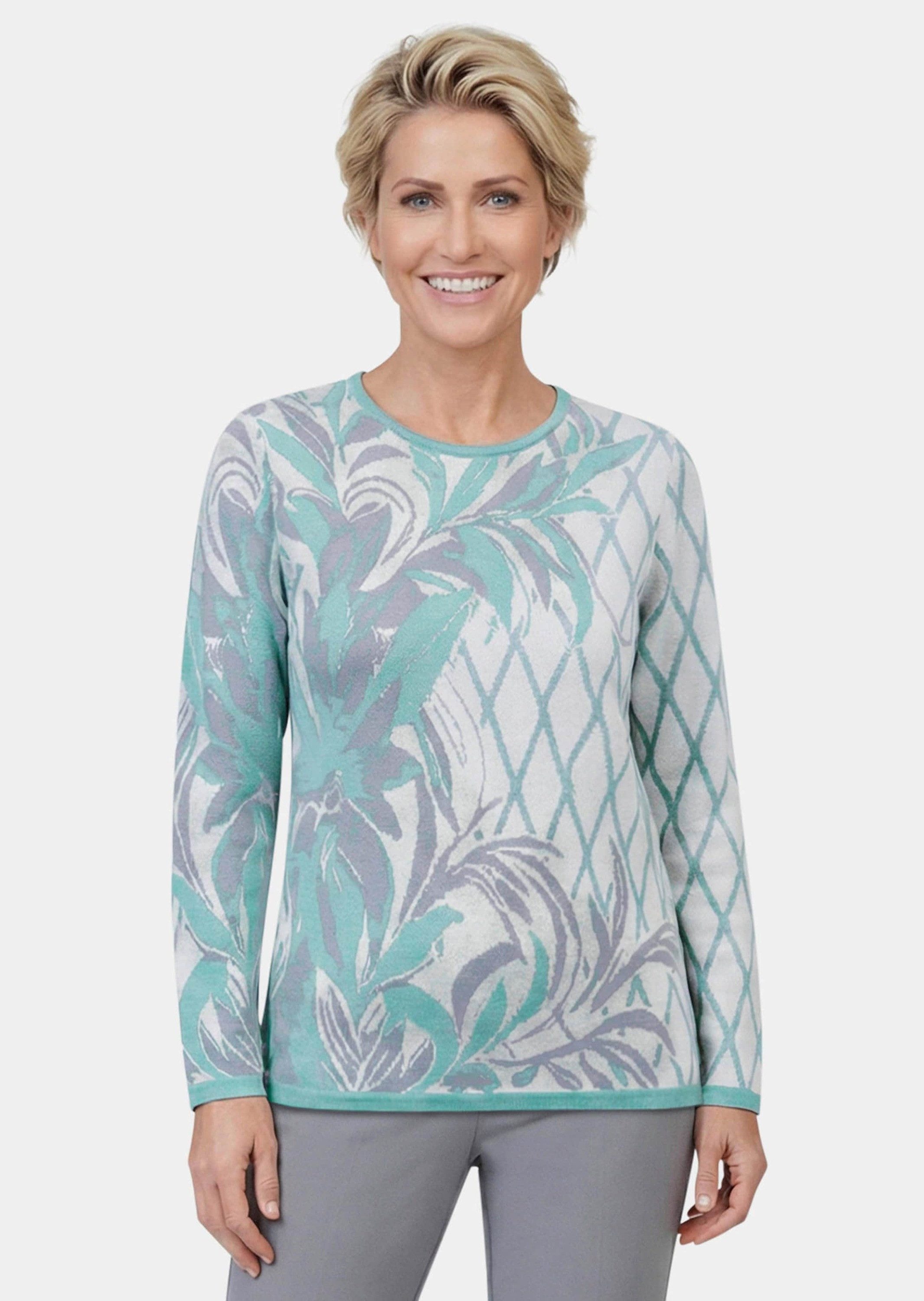 GOLDNER Strickpullover Jacquardpullover mit Rundhals Weicher Feinstrick aus Baumwollmischung mit Blatt- und Rautenmuster