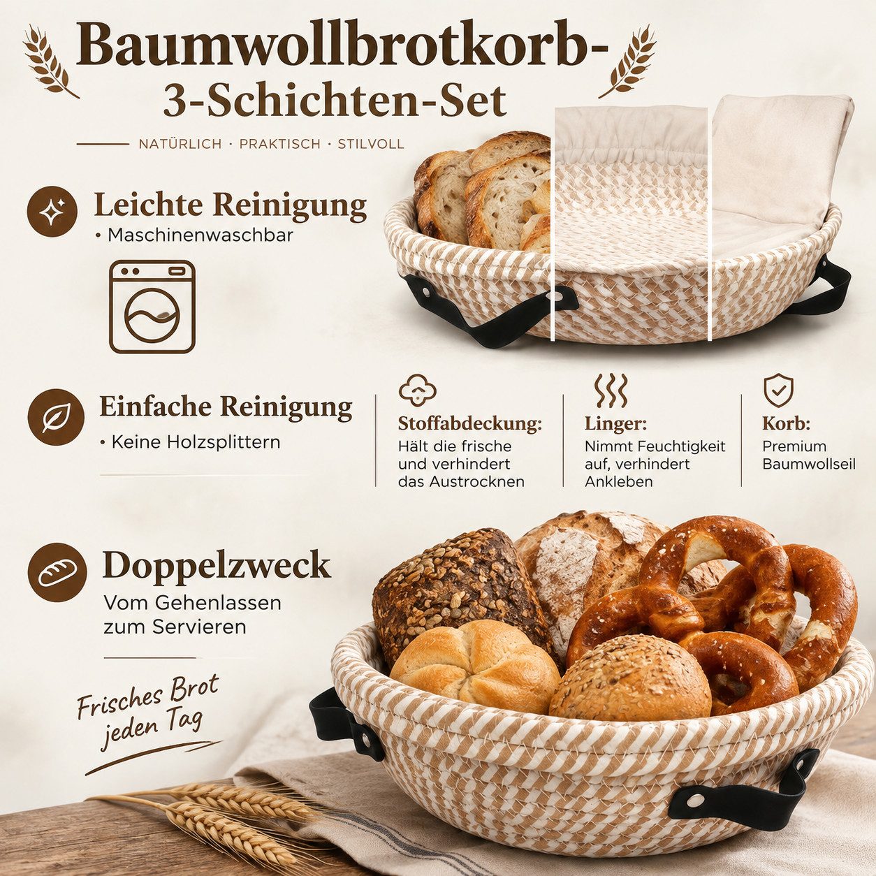 GLIESE POWER Gärkorb -Set 13-teilig oval – mit Leinen-Einlage, Teigschaber & Messer, (13-tlg), 13-teilig, Rattan, Leinen-Einlage, Messer – für perfektes Brot. – Bild 4 von 5