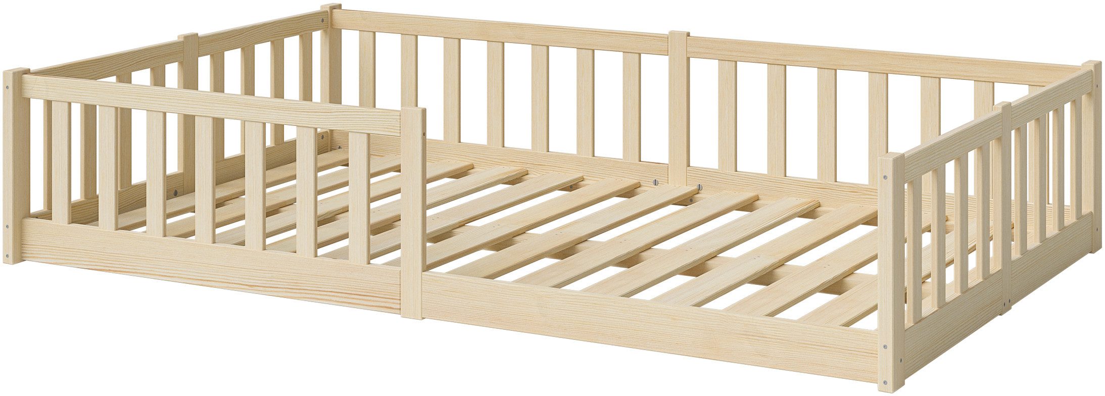 Bellabino Kinderbett Vere aus Kiefer Massivholz mit Rausfallschutz & Lattenrost (natur mit Matratze), Bodenbett verfügbar in 80x160 & 90/120/140x200 cm