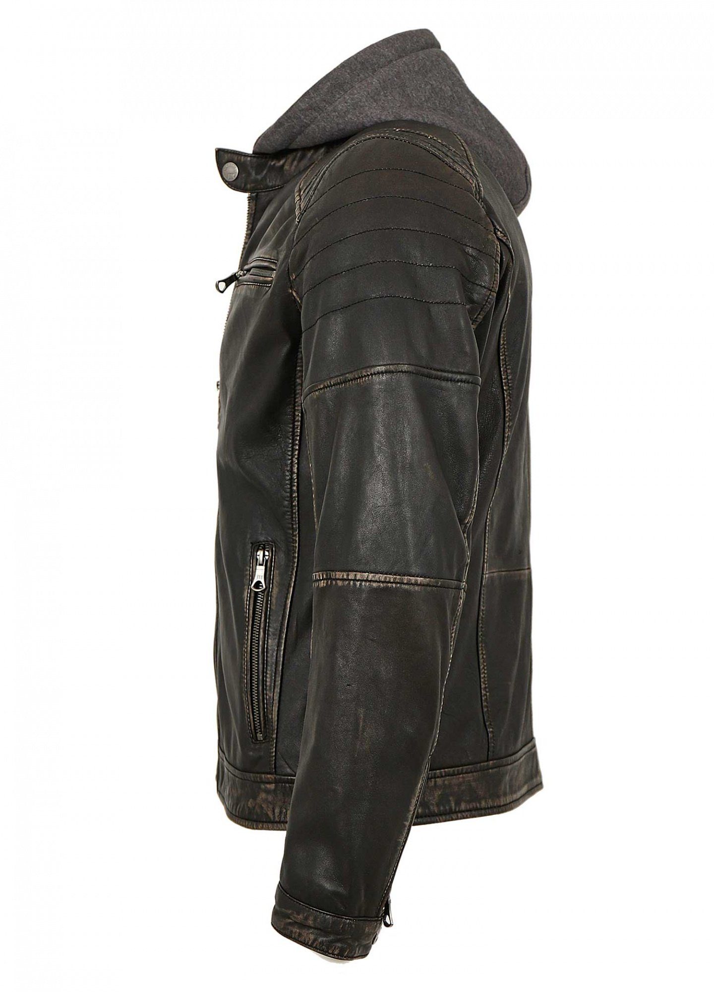 Lederjacken24 Lederjacke Herren Lederjacke Lammnappa Bikerjacke Kapuze schwarz-beige