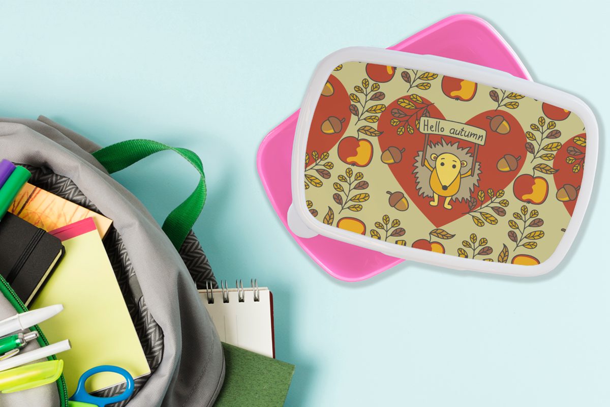 Kunststoff, Snackbox, Design, MuchoWow für Lunchbox Kind Kunststoff - rosa Jahreszeiten Herbst Kinder, Brotdose (2-tlg), - - Erwachsene, Igel - Mädchen, Brotbox