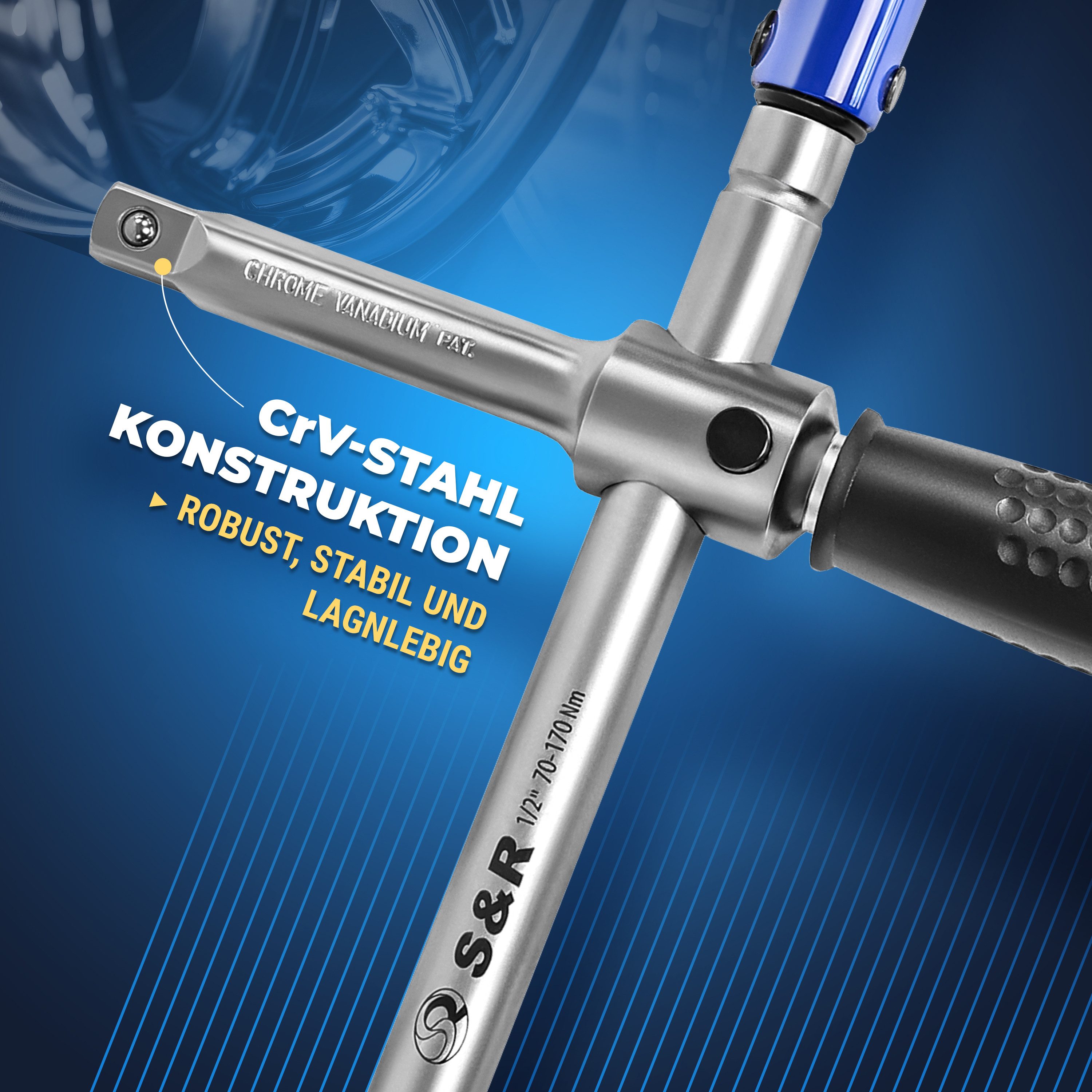S&R Drehmomentschlüssel neues Patent: 2 in 1 Kreuz-Drehmoment-Schlüssel mit Spindelgriff (Set, 5-tlg. Drehmomentschlüssel + Spindelgriff + 3 Stecknüsse 17, 19, 21 mm), 1/2 Zoll, aus CRV-Stahl, in stabilem robustem Koffer