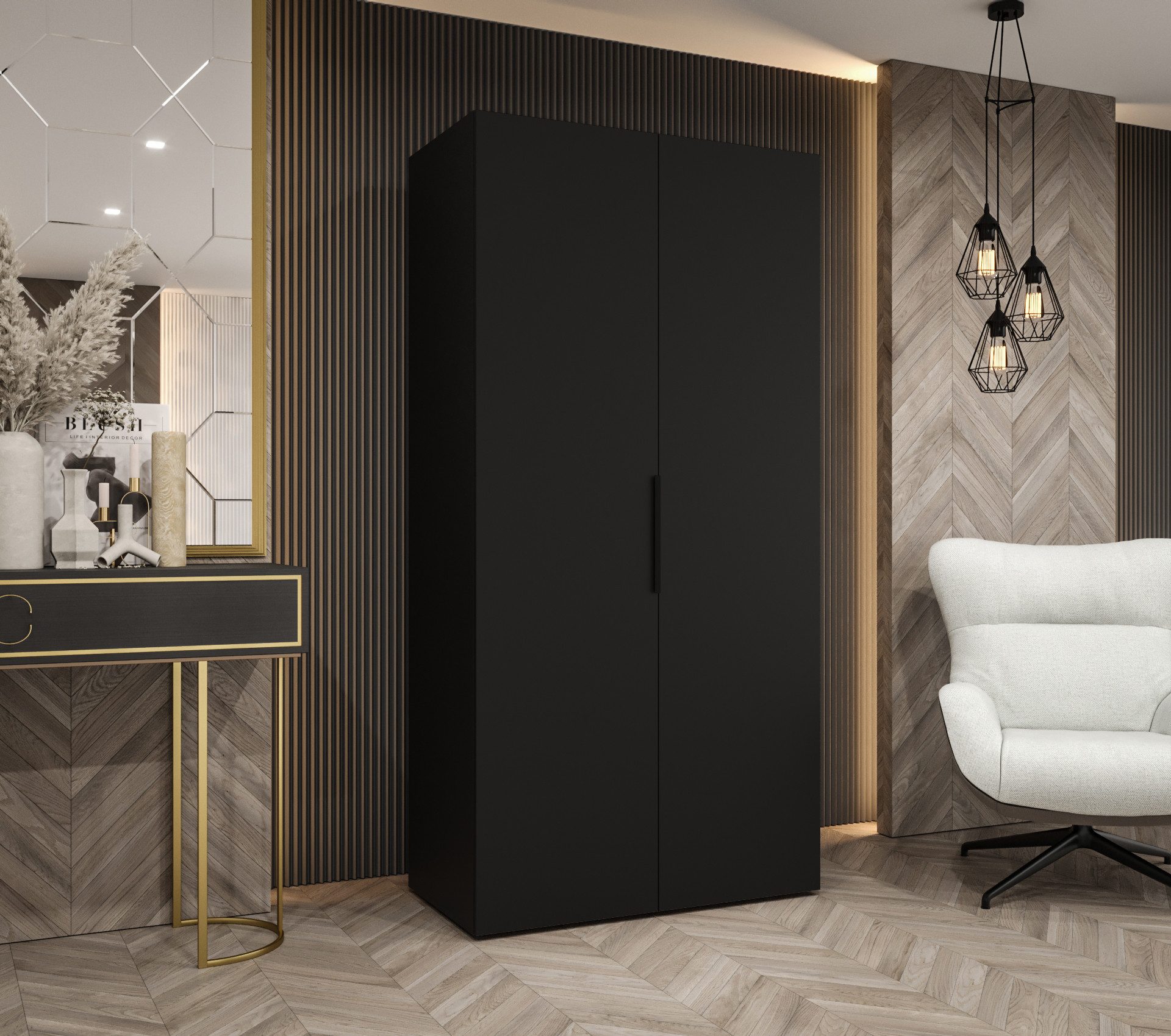 MOEBLO Drehtürenschrank SOLENA 1 (Elegante Garderobe mit Soft-Close, Metall-Kleiderstange und festen Regalböden, Schrank Garderobe Schlafzimmer Drehtürenschrank) (BxHxT): 100/150/200/250/300x202x52 cm