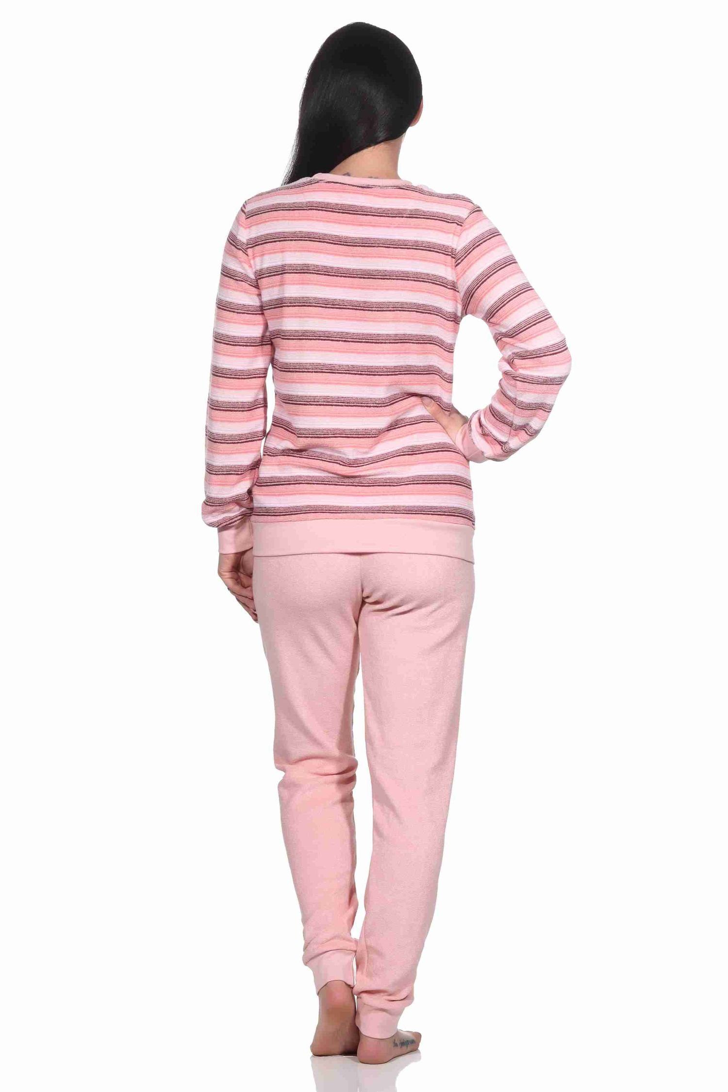 Damen mit Streifendesign Normann Pyjama Frottee in Bündchen eleganten Schlafanzug rosa