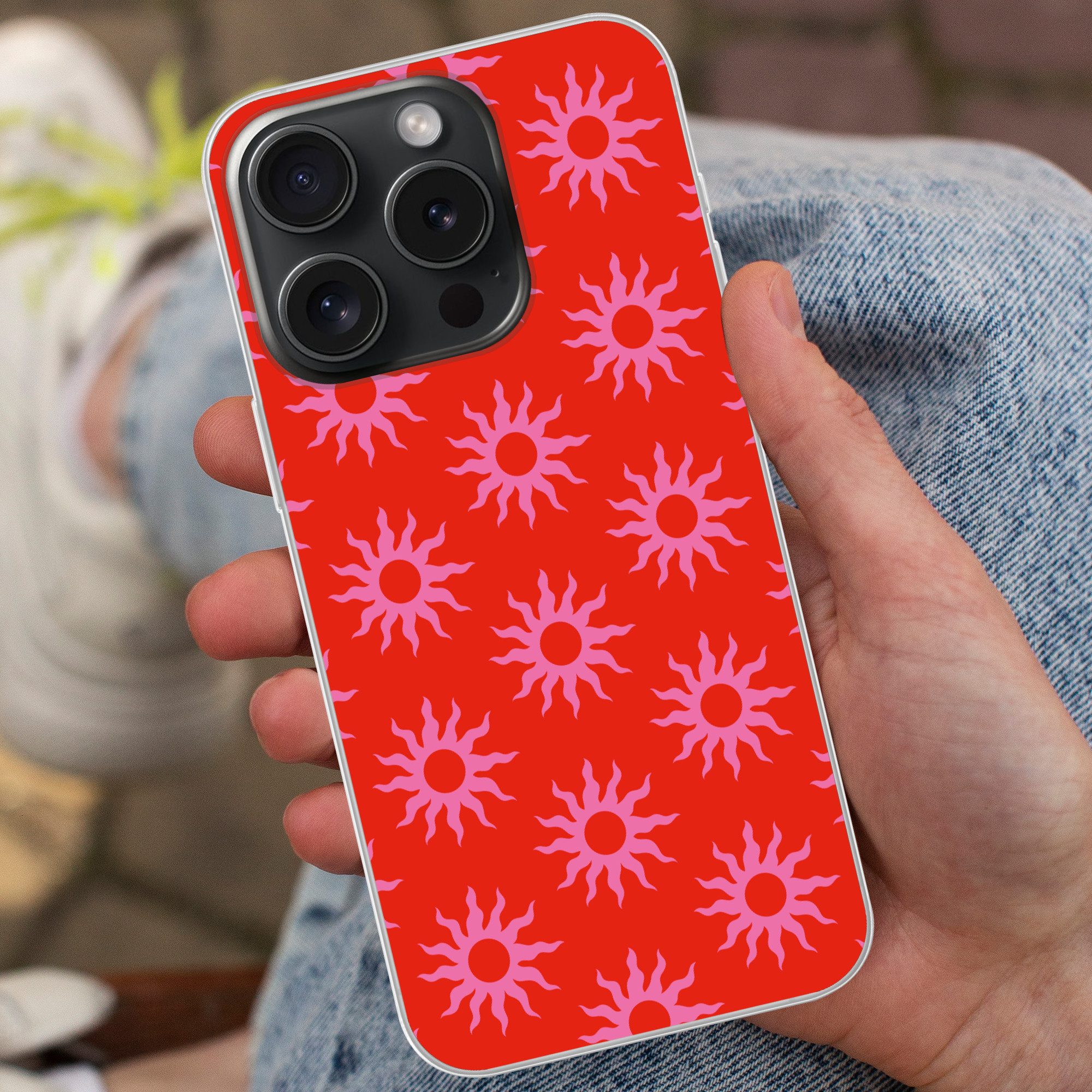 MuchoWow Handyhülle für Apple iPhone 15 Pro Sonnen - Rot - Rosa - Muster - Sommer, Smartphone-Bumper, Print, Handy Schutzhülle Dünn