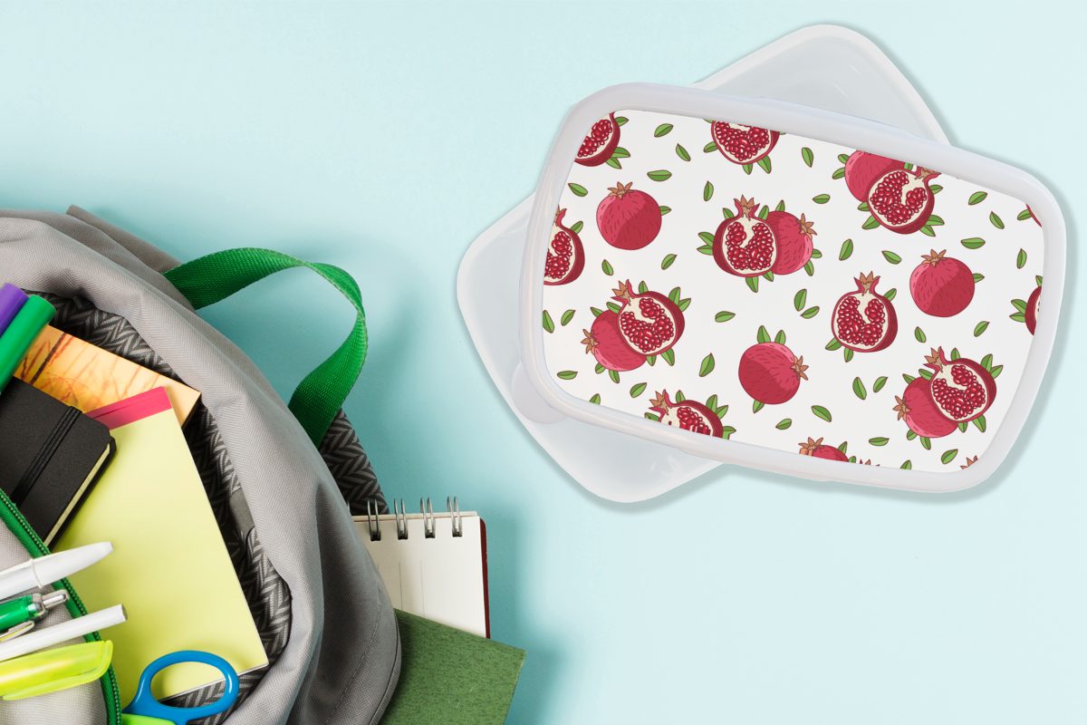 Lunchbox und MuchoWow und Jungs - (2-tlg), weiß für Brotdose, - Erwachsene, Kunststoff, Kinder Mädchen Brotbox Granatapfel, Blätter Früchte für