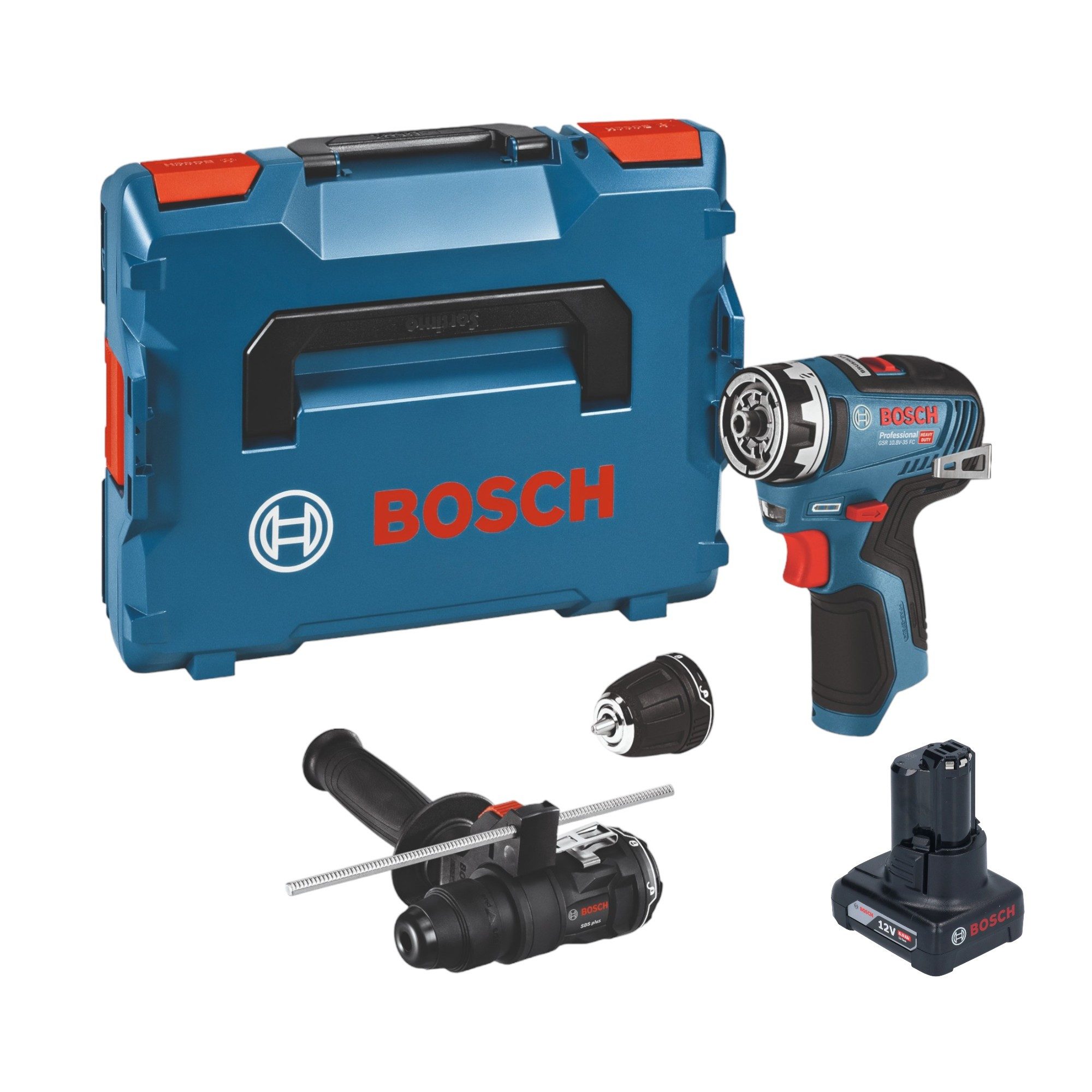 Bosch Professional Säulenbohrmaschine GSR 12V-35 FC 12 V 35 Nm + 1x Akku 6,0 Ah + 2x Aufsatz + L-Boxx