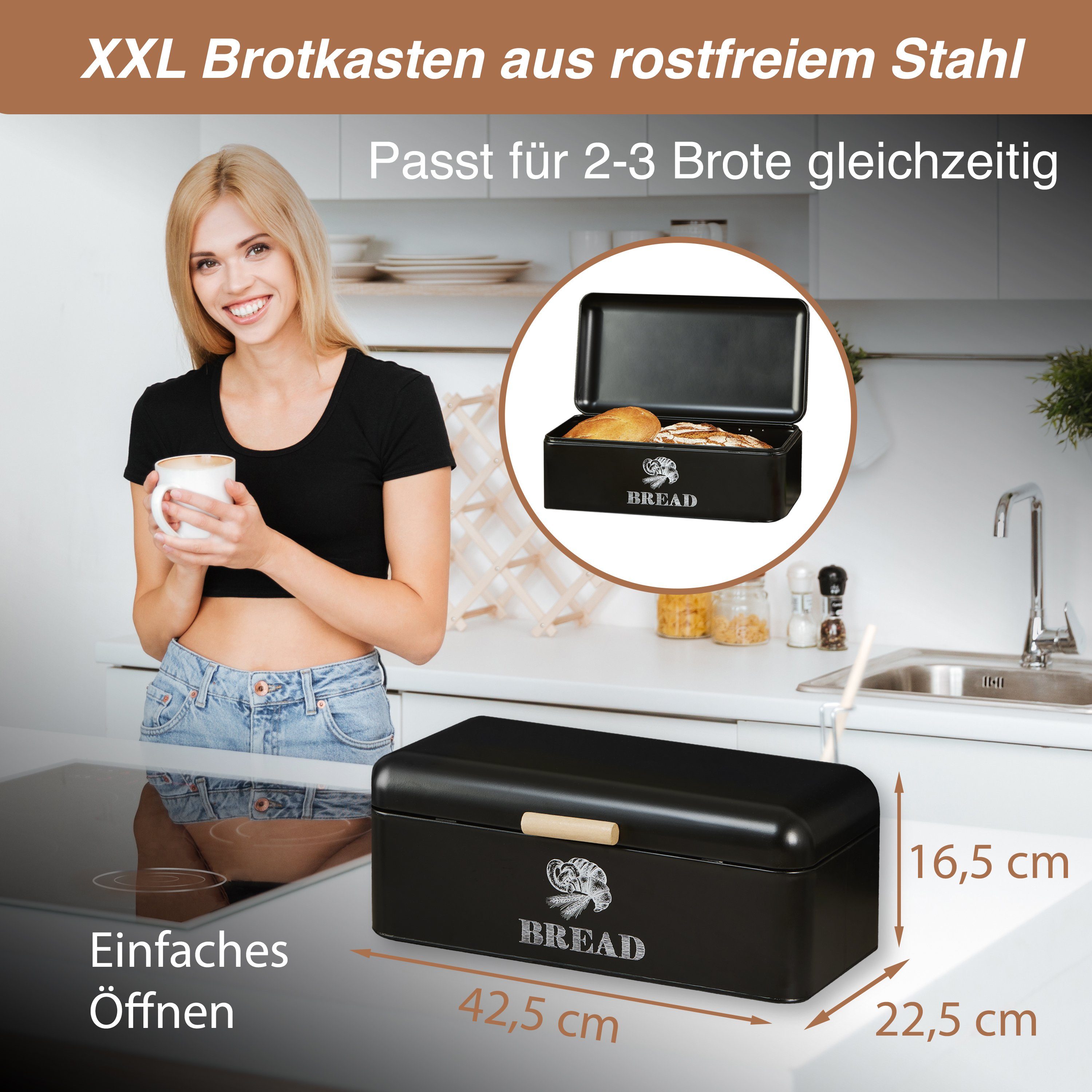Feilox Brotkasten schwarz matt, groß Jutebeutel inkl. Design, (für Qualität, Brote), Premium Edelstahl, Retro 2-3