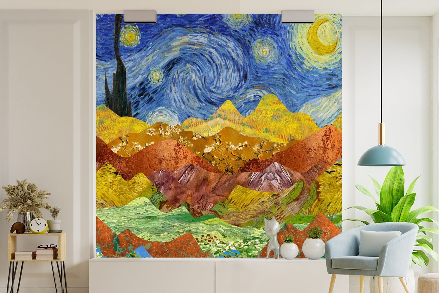 Wohnzimmer Tapete Gogh - MuchoWow Schlafzimmer, bedruckt, Alte Matt, oder Wandtapete (5 Fototapete St), Sternennacht Vinyl für Meister, - Van
