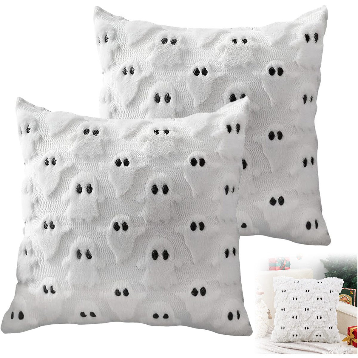 DOPWii Kissenbezüge Halloween Kissenbezüge mit Geister-Motiv 2er Set – 45 x 45 cm, (2 Stück), Weiche Plüsch Kissenhüllen – Sofakissen, Couch & Bett Dekoration