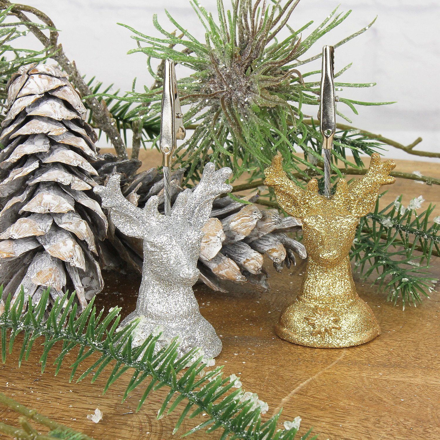 Macosa Home Tischkartenhalter 4er Set Bilderhalter Tischkartenhalter Hirsch Gold Silber Glitzer, Kunststoff, (4er Set), Kartenhalter Bildhalter Tischdekoration Weihnachten Nikolaus