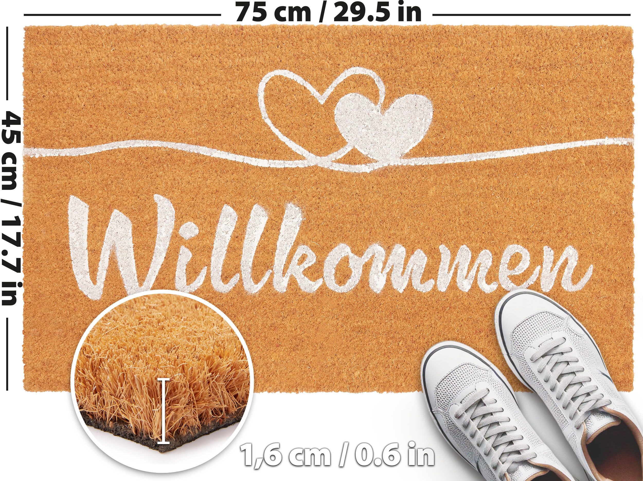 BRUBAKER Fußmatte Willkommen - 45 x 75 cm Schmutzfangmatte mit Herzen - Braun, Rechteckig, Höhe: 16 mm, Fußmatte für Außen und Innen aus Kokos - Wetterfest und Rutschfest