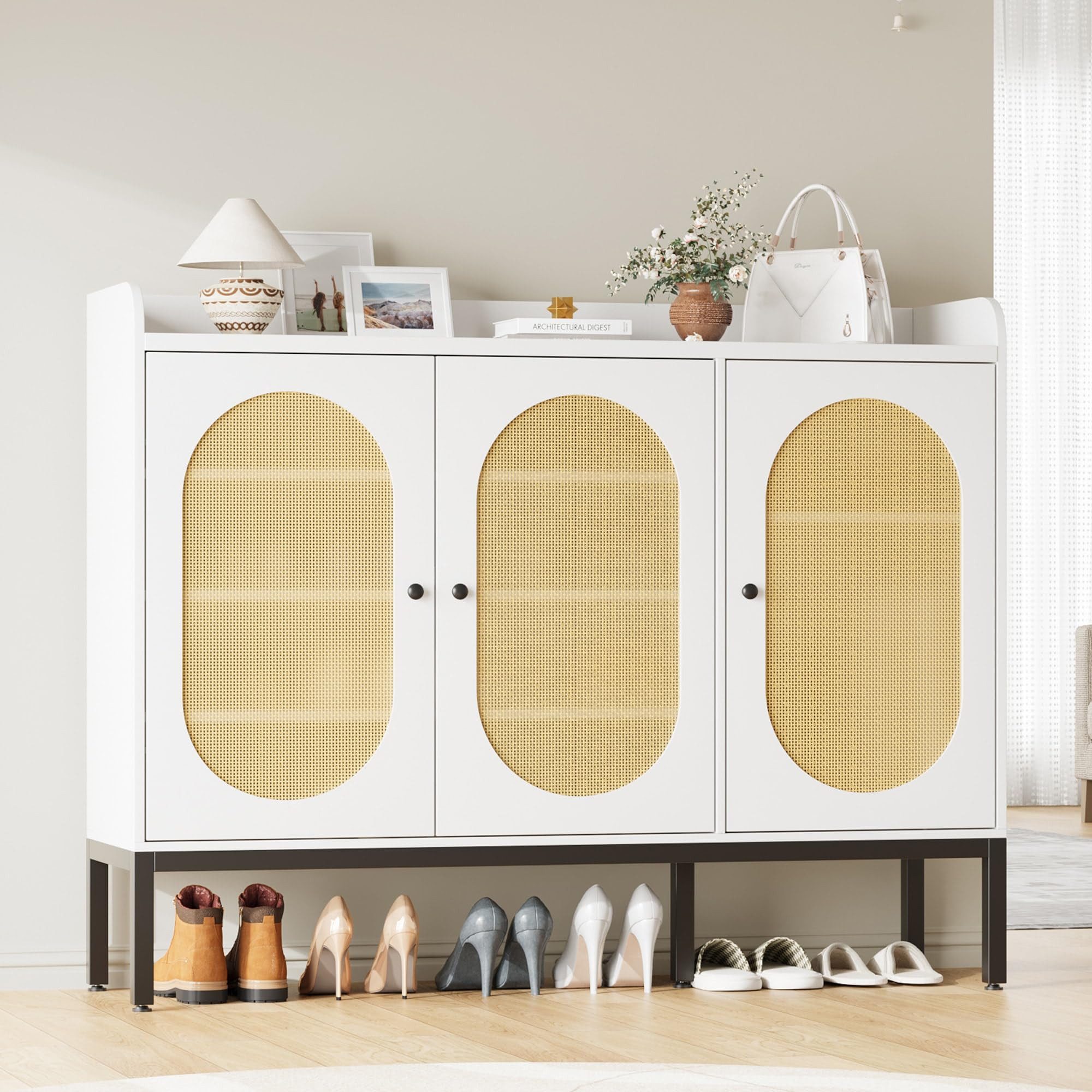 GarveeMore Schuhschrank Schuhregal mit 3 Rattan-Türen 5-stufig Verstellbare Einlegeböden Für Wohnzimmer und Flur weiss Holz