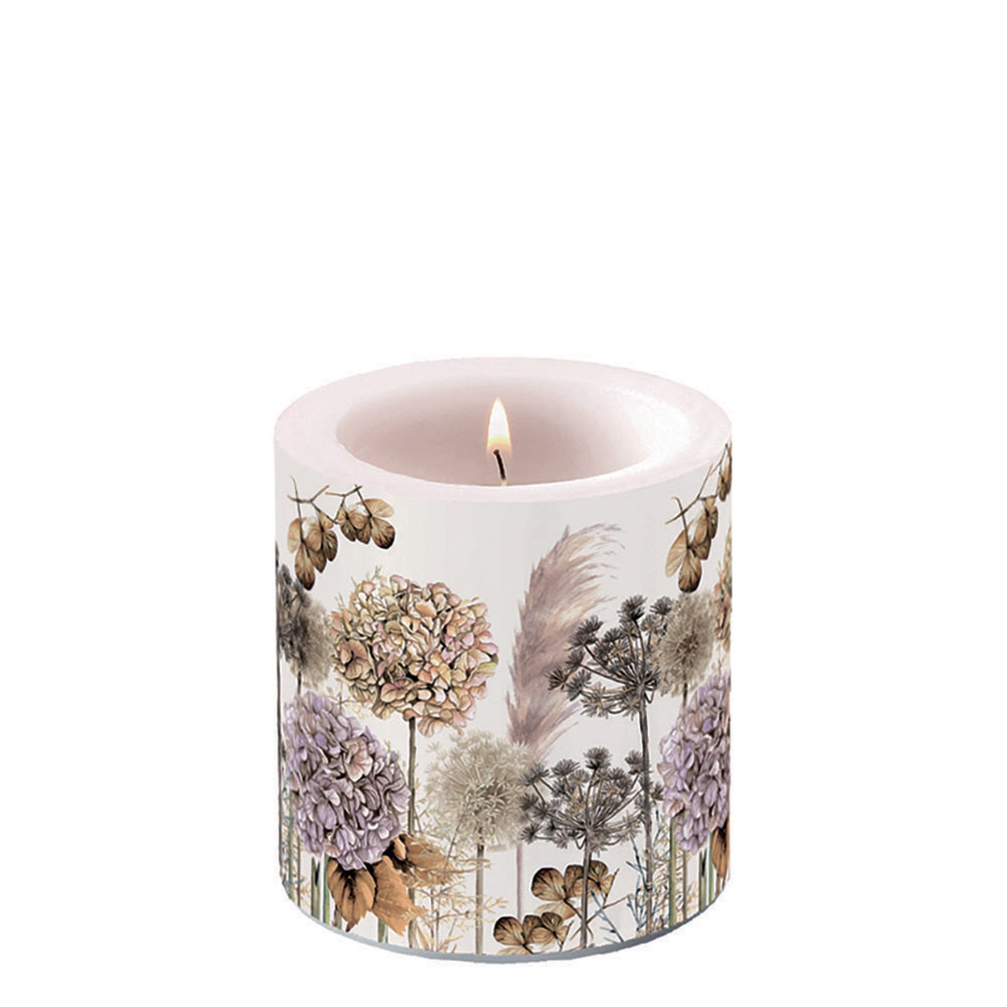 Ambiente Luxury Paper Products Stumpenkerze, Stumpenkerze Paraffin 7,5x9cm mit Trockenblumen Motiv Beige / Weiß