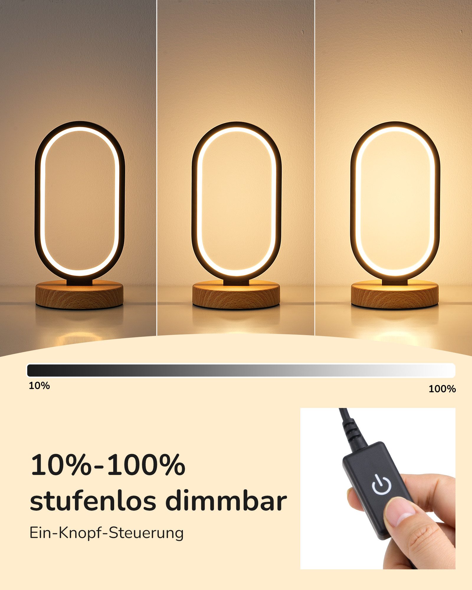 EDISHINE LED Nachttischlampe Schreibtischlampe touch dimmbar, LED fest integriert, 3000k-4000k-6500k, 3 Farbtemperaturen, stufenlose Dimmung