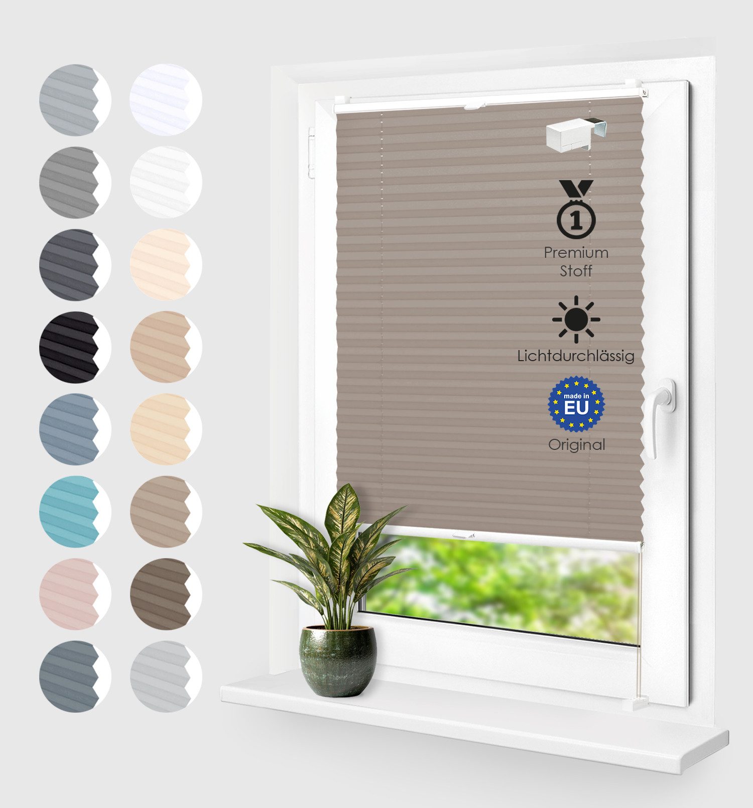 Rikmani Plissee Klemmfix ohne Bohren Graubeige 40x100 cm, blickdicht, Klemmfix, Sichtschutz, Sonnenschutz, einfache Montage, Stufenlos verstellbar
