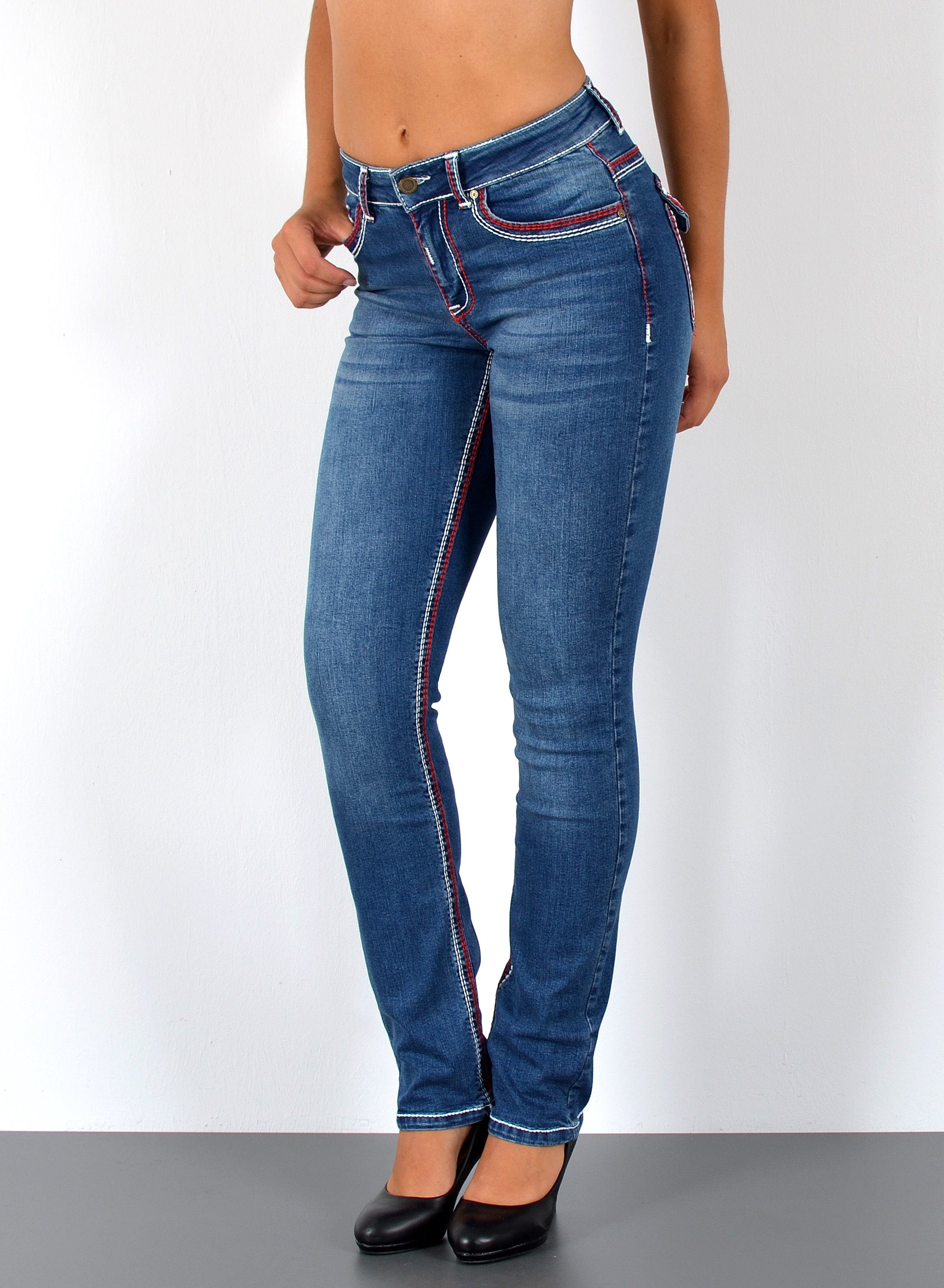 ESRA Straight-Jeans Damen Jeanshose weiße Naht hohe Leibhöhe Stretch Jeans Straight G12 High Waist Jeans Damen Straight Hose mit dicker Naht bis Übergröße