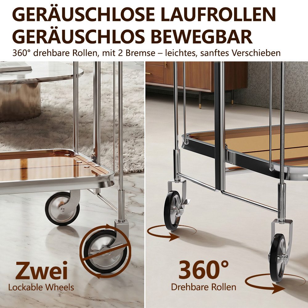 YMQHBS Küchenwagen Klappbarer Wagen (mit Bremse) mit 2 Hartglasböden,Servierwagen, Klappen Küchenwagen mit 4 Rollen, 68 x 40 x 80cm, für Küche Wohnzimmer – Bild 5 von 5