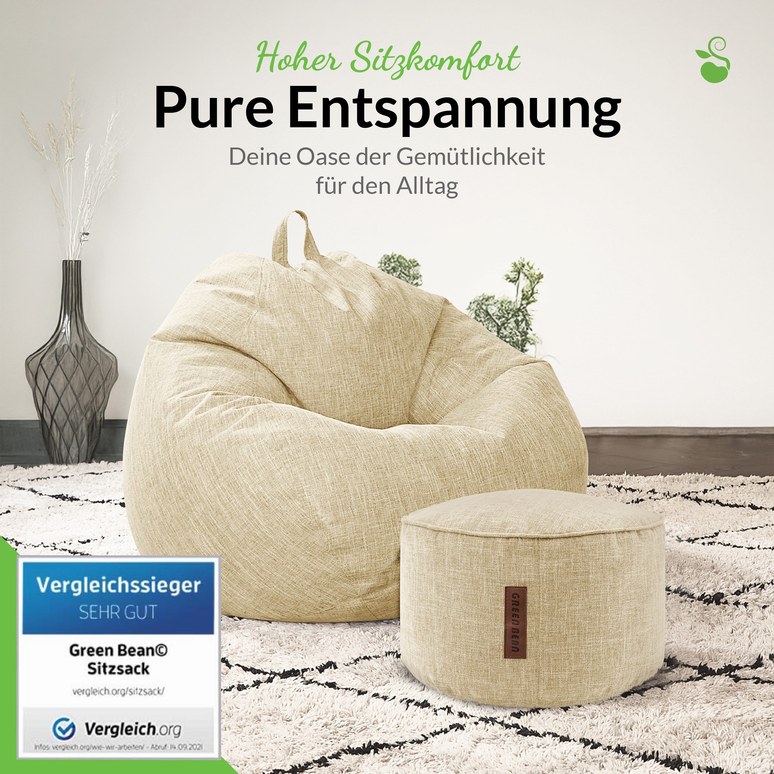 Green Bean Sitzsack Indoor Sitzsack L Home Linen + Hocker (2er Set Indoor Sitzsack 80x90x50cm + Sitzpouf 45x25cm mit EPS-Perlen Füllung -, Fußhocker Fußkissen S – Bild 5 von 5