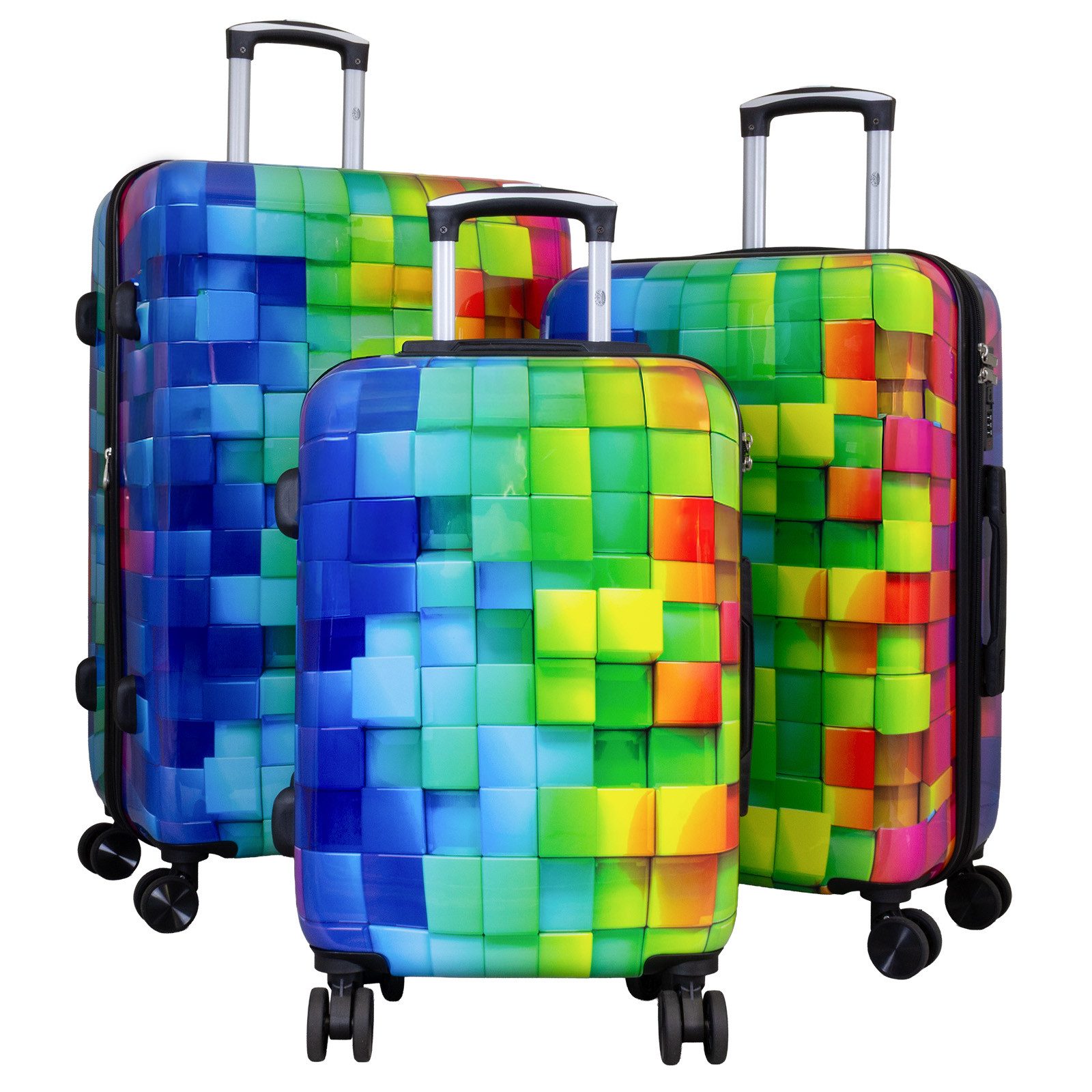 Trendyshop365 Hartschalen-Trolley Motivkoffer Mosaik mit mehrfarbigem 3D Druck, lieferbar in 3 Größen, 4 Rollen, Zahlenschloß, Polycarbonat, Dehnfalte