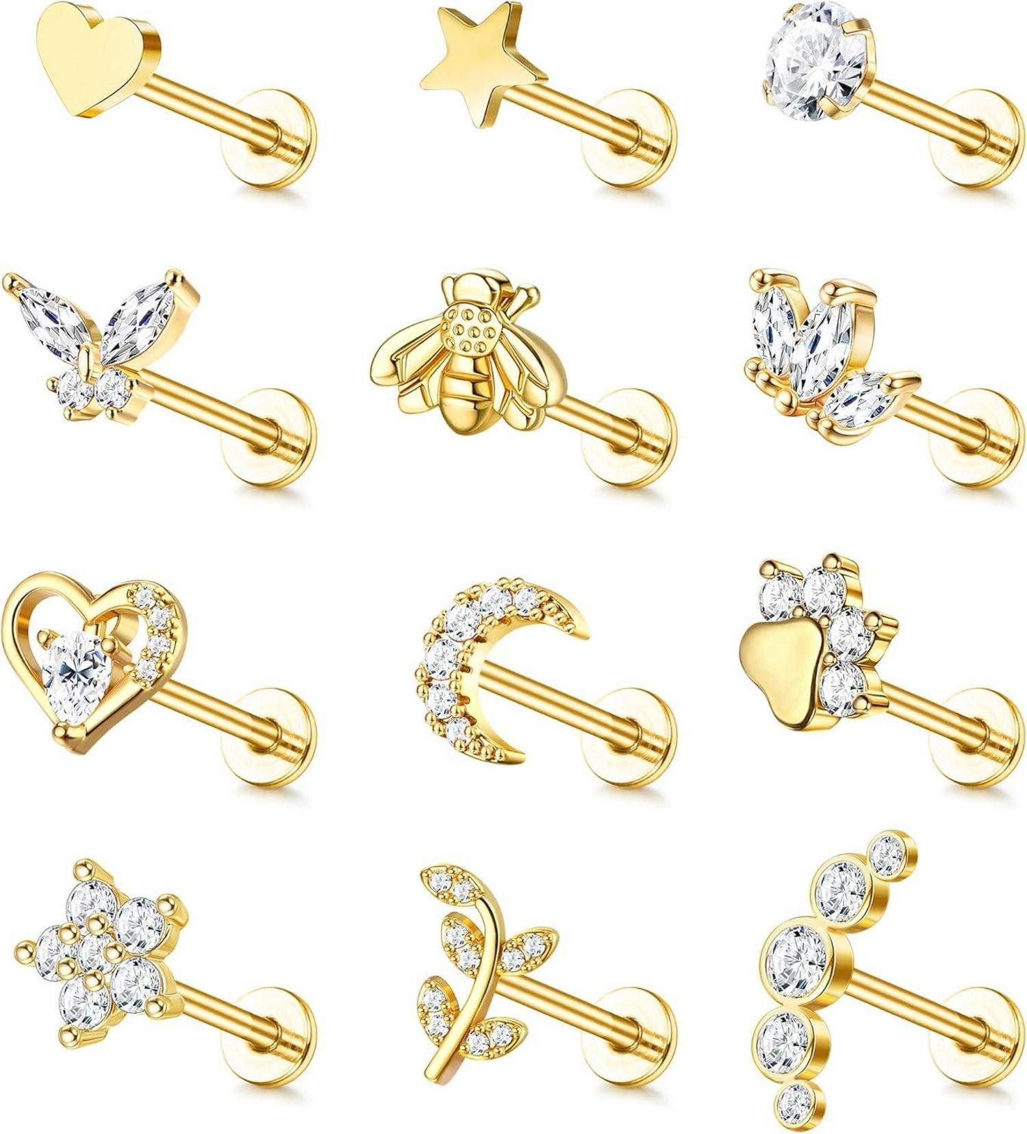 Ohrring und Ketten Set 12 Stück 16G Knorpel Helix Ohrringe Chirurgenstahl CZ Mond Herz Stern