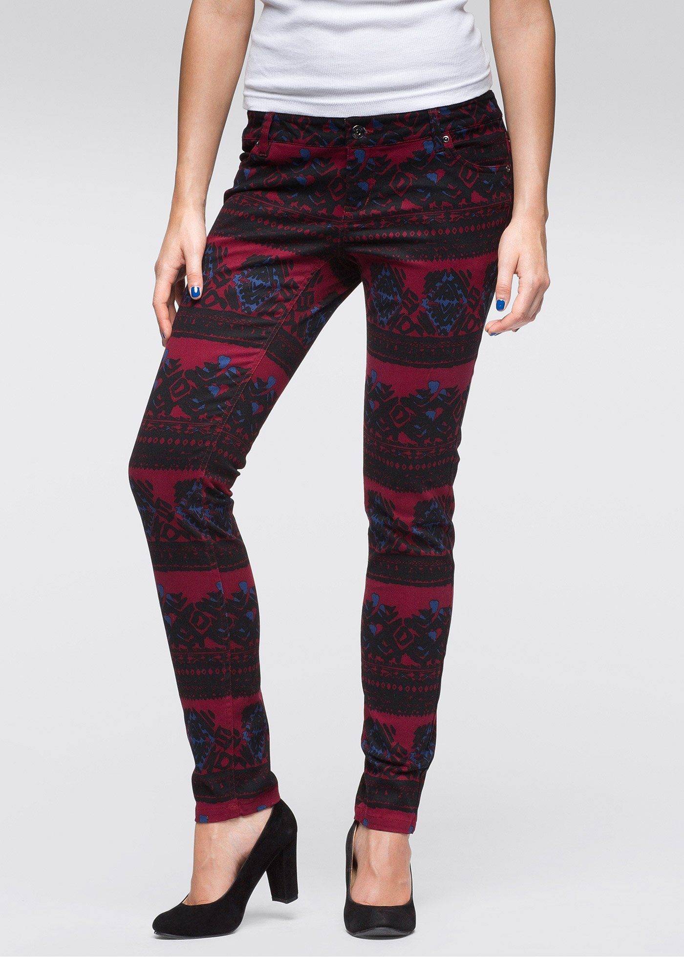 YESET Röhrenhose Damen Hose Röhre Ethno Print skinny Jeans Stretch bordeaux günstig online kaufen