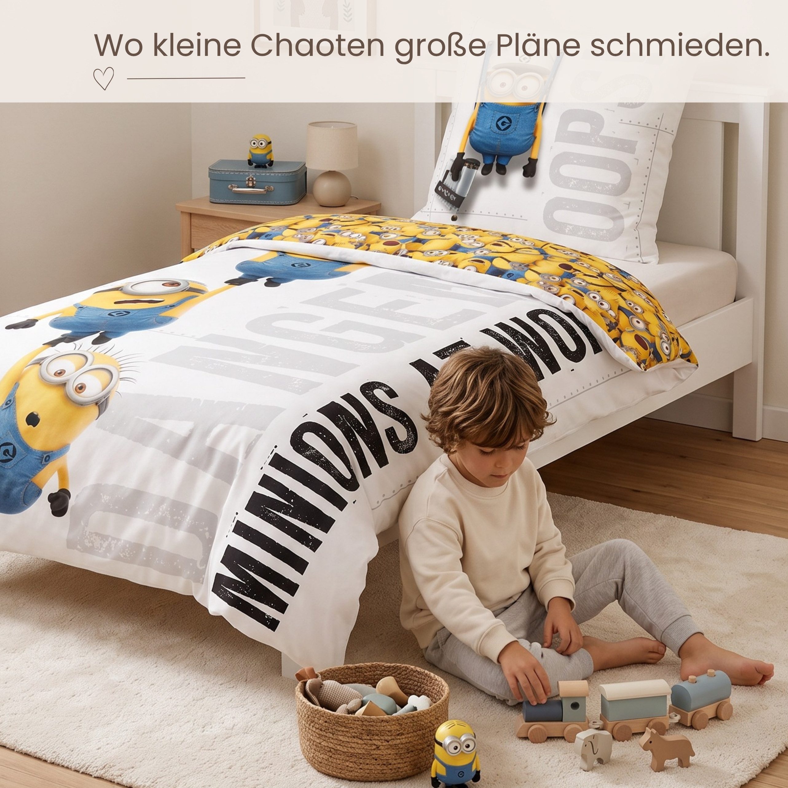 MTOnlinehandel Bettwäsche Minions 135x200 cm, Wendemotiv, Mikrofaser, 2 teilig, Kinderbettwäsche mit Kevin, Stuart und Bob – Bild 5 von 5