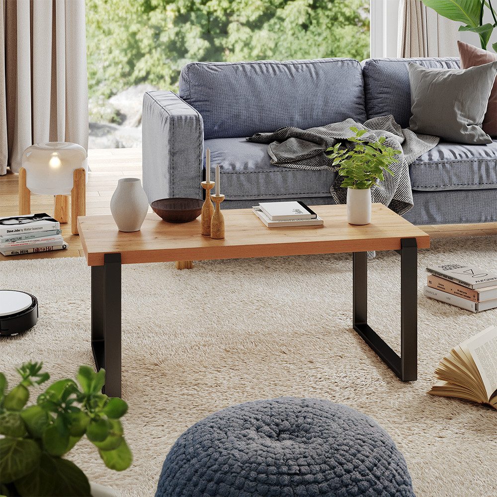 Vicco Couchtisch Halifax, Eiche rustikal/Schwarz, 110 x 56 cm mit Metallrah günstig online kaufen