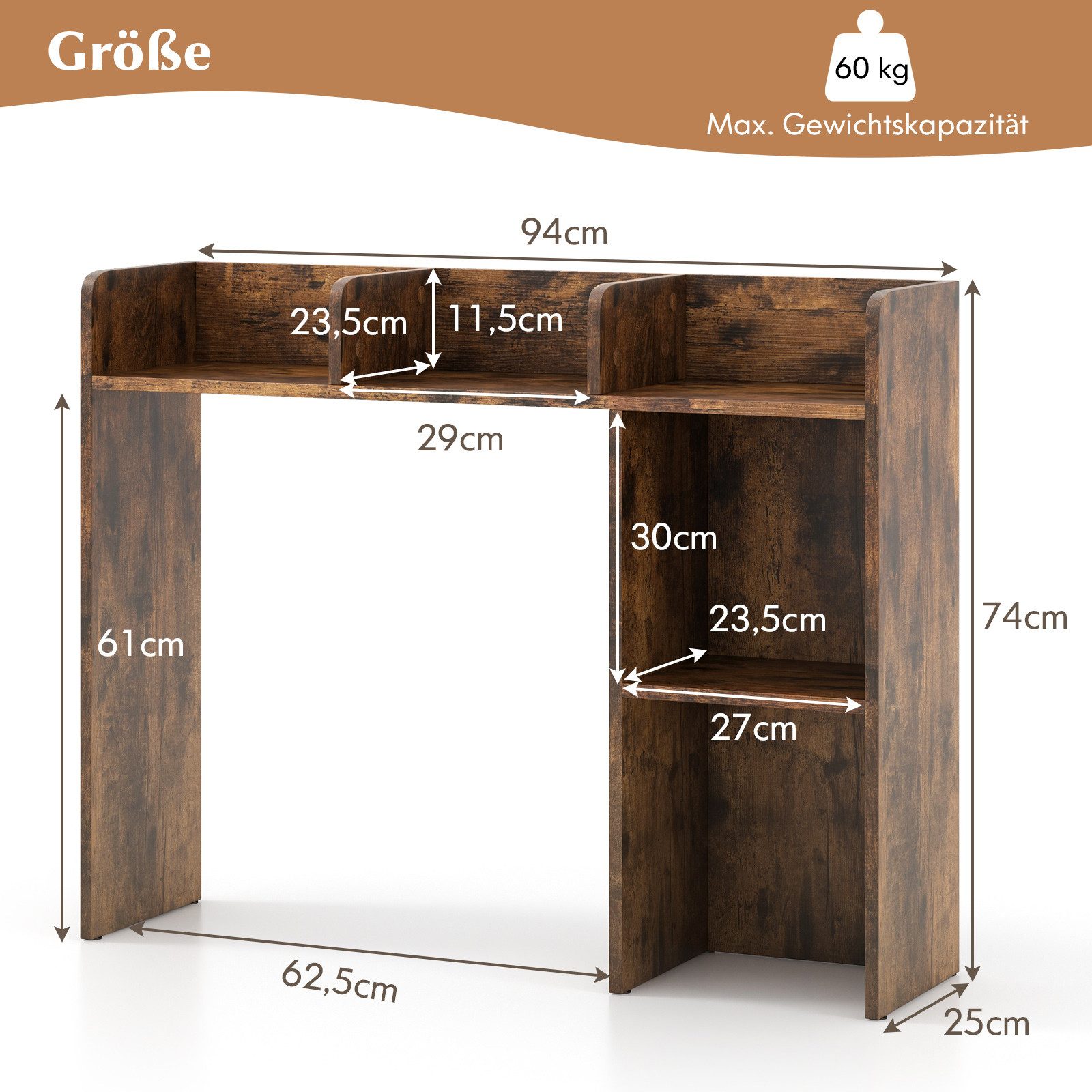 COSTWAY Regal-Schreibtisch, mit 4 Ablagen, offenem Fach, bis 45kg, 94x25x74cm