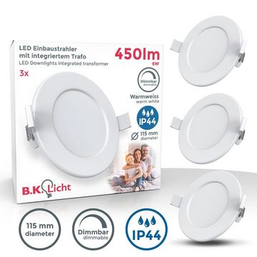 B.K.Licht LED Einbaustrahler LED Bad Einbauleuchten 3er Set Ultraflach 3.000K IP44 - BKL1275, Dimmfunktion, LED fest integriert, Warmweiß, Ø115mm Weiß 3x 450lm Badspots Deckenspots