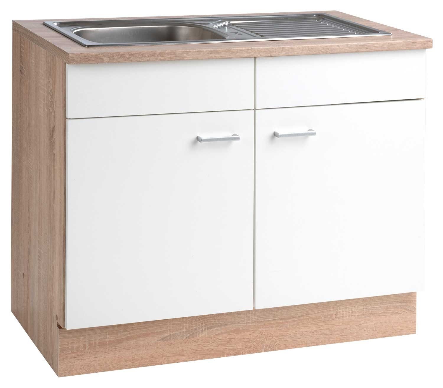 Menke Küchen Spülenunterschrank SONEA, Eiche Sonoma Dekor, Weiß, mit 2 Türen, Breite 100 cm | Spülenschränke