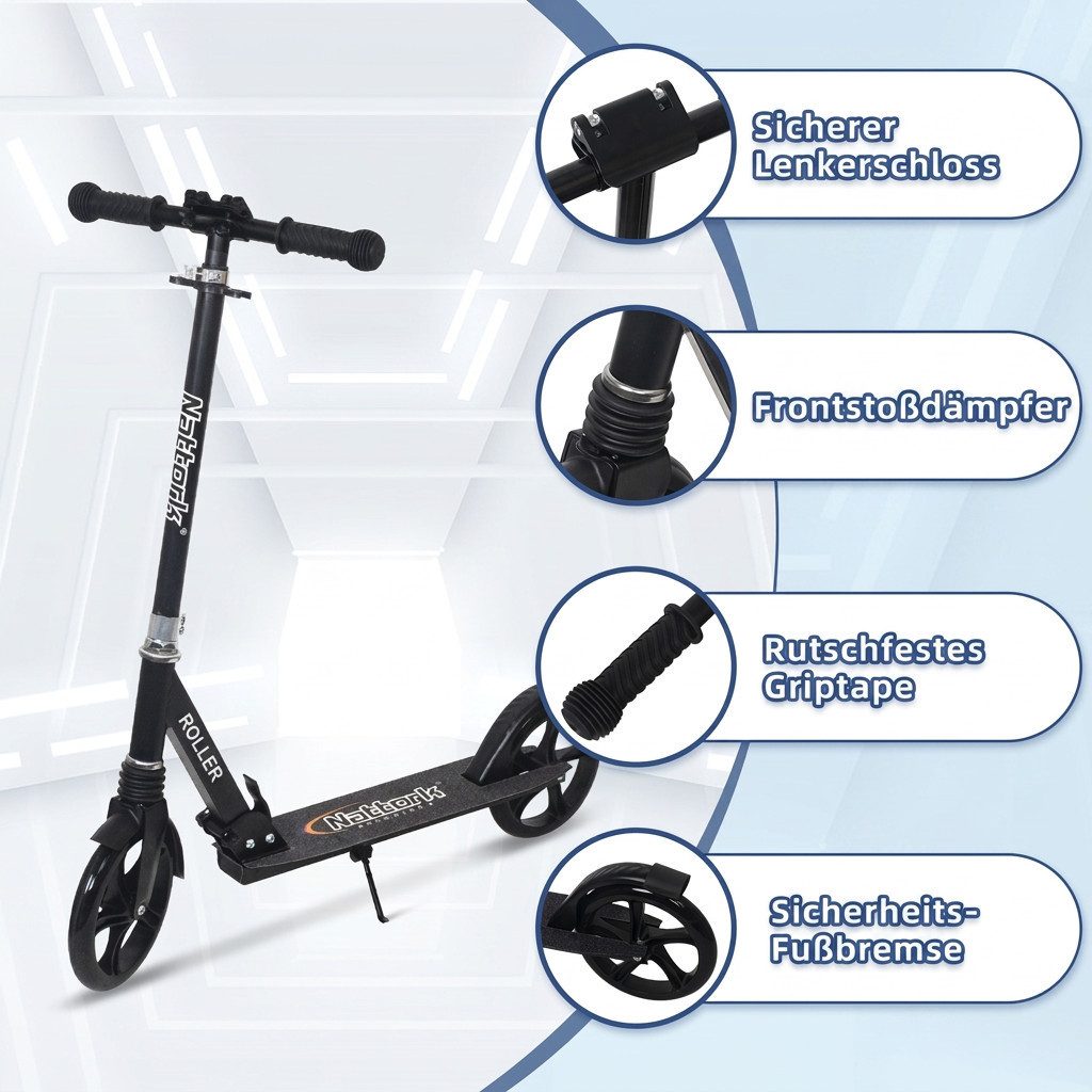 Nattork Scooter Klappbarer Kickscooter für Kinder und Erwachsene, bis 100 kg Traglast, (1 tlg), Stabiler Tretroller mit höhenverstellbarem Lenker, 8-Zoll PU-Räd – Bild 3 von 5