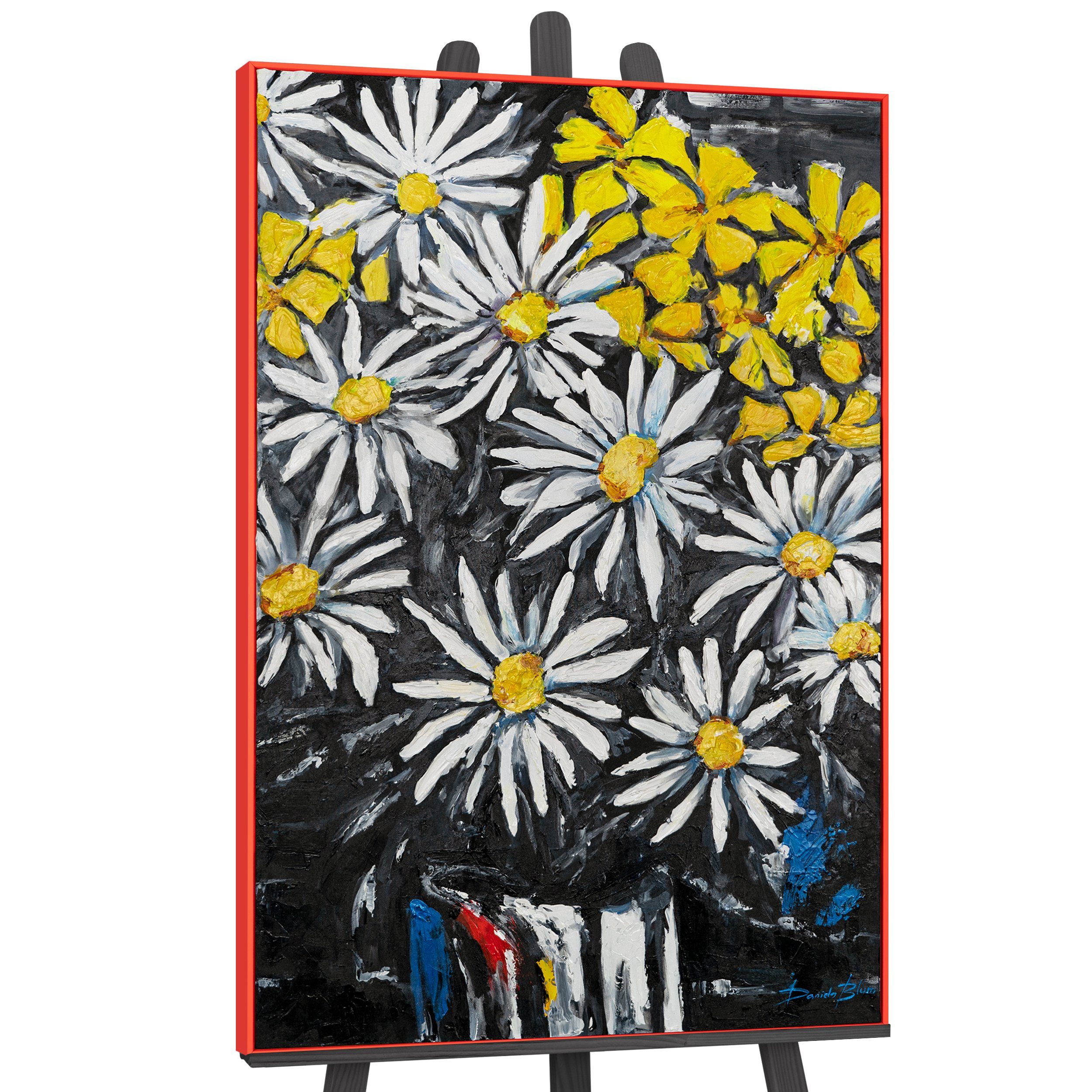 YS-Art Gemälde Schneeweiße Margeriten, Blumen, Weiß, gelbes Blumenmotiv in der Vase Leinwandbild gerahmt