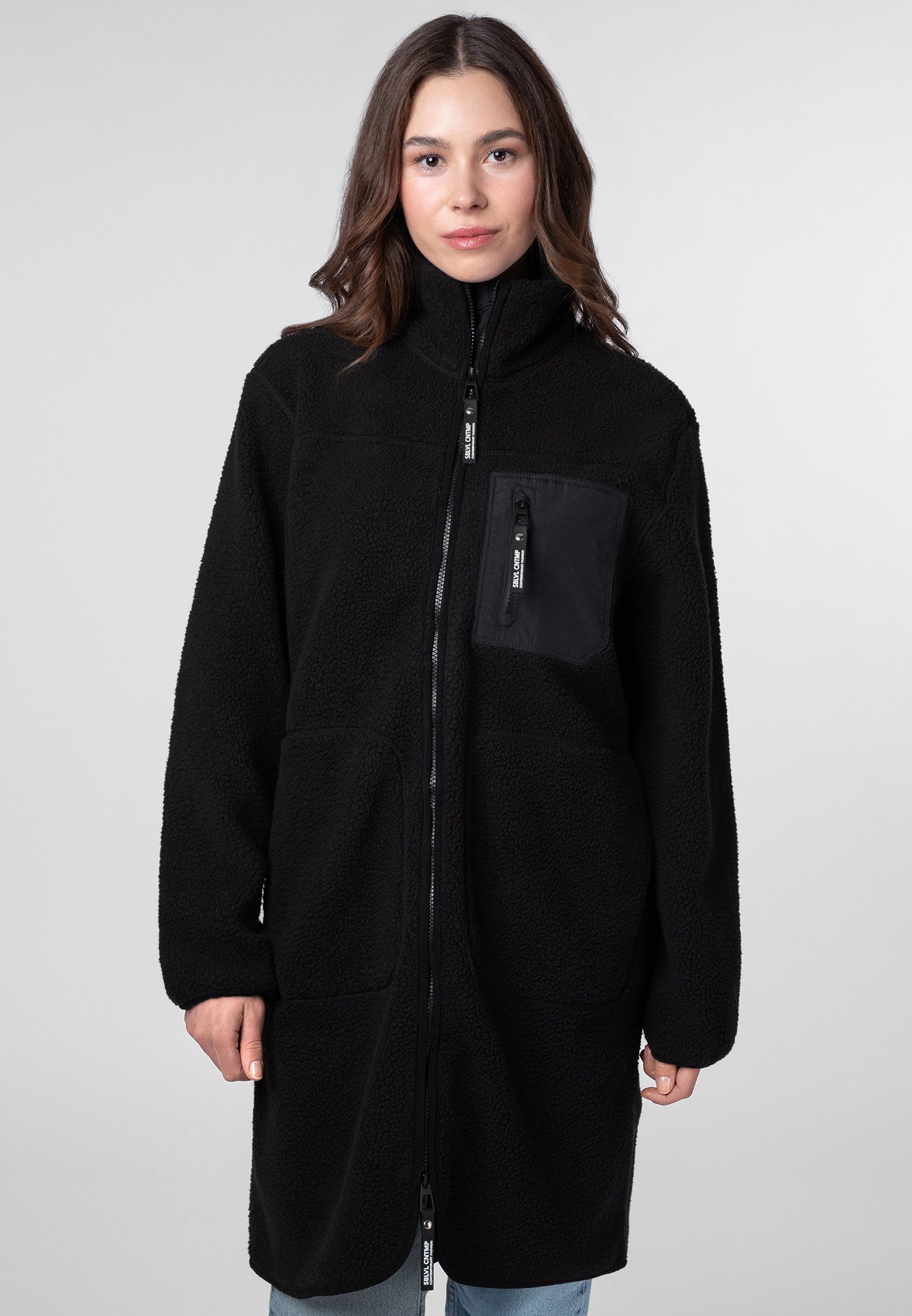 SUBLEVEL Fleecejacke Damen Fleecemantel lang mit Stehkragen, Brusttasche