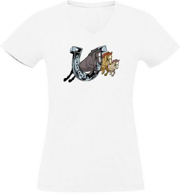 MyDesign24 T-Shirt Damen Pferde Print Shirt - Pferd springt durch Hufeisen V-Ausschnitt Baumwollshirt mit Aufdruck Slim Fit, i145