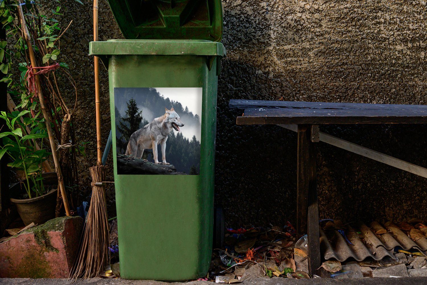 Wandsticker Mülleimer-aufkleber, St), Tier Abfalbehälter Wolf Container, - Wald MuchoWow - Mülltonne, Sticker, (1