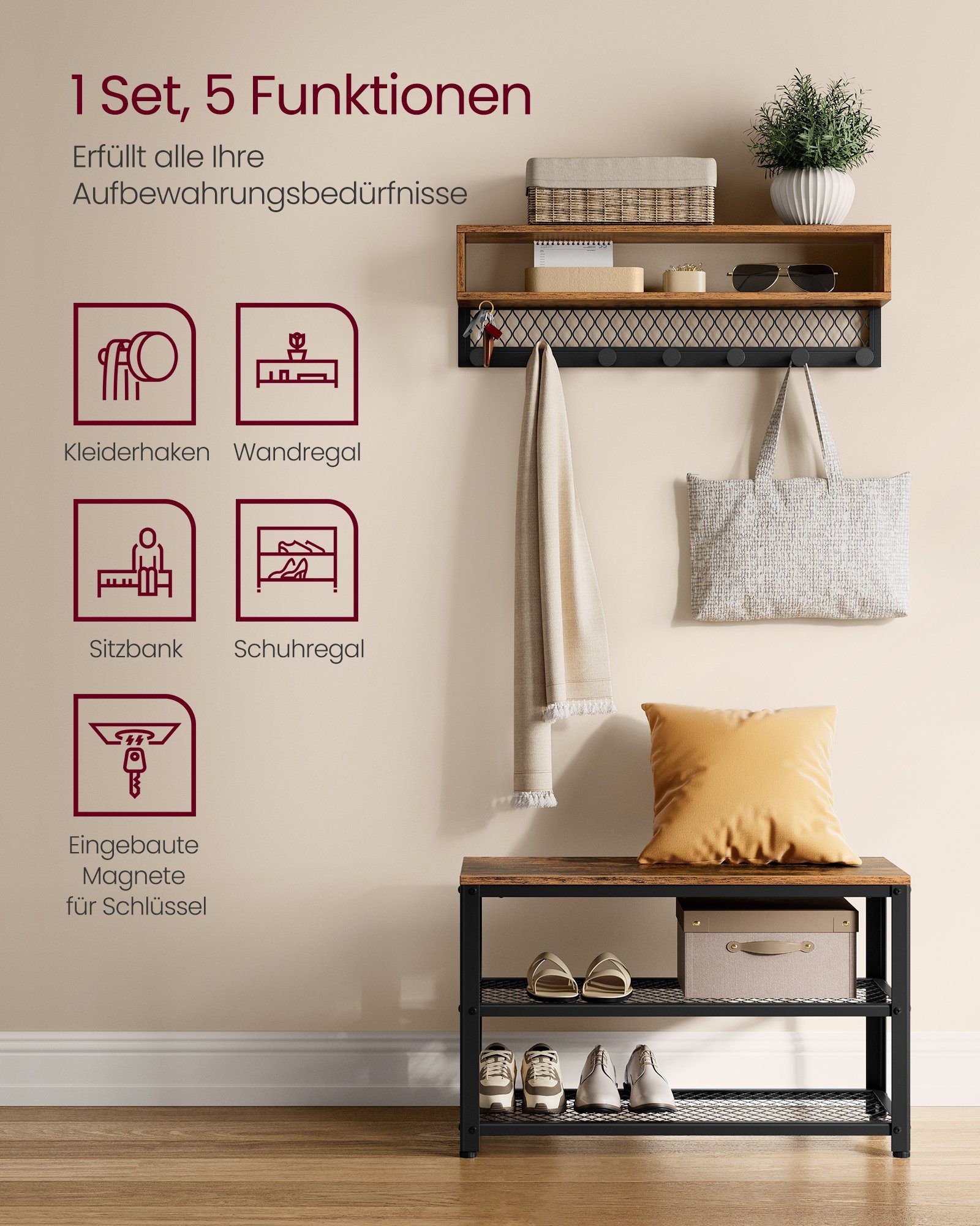 VASAGLE Garderoben-Set, Garderobe mit Sitzbank, Industriestil, Magnetfunktion