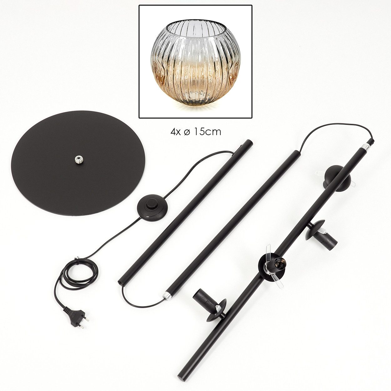 hofstein Stehlampe Stehlampe aus Metall/Riffelglas in Schwarz/Bernsteinfarben/Klar, ohne Leuchtmittel, Stehleuchte Retro/Vintage, Ø Schirme 15 cm, Fußschalter, 160 cm, E14