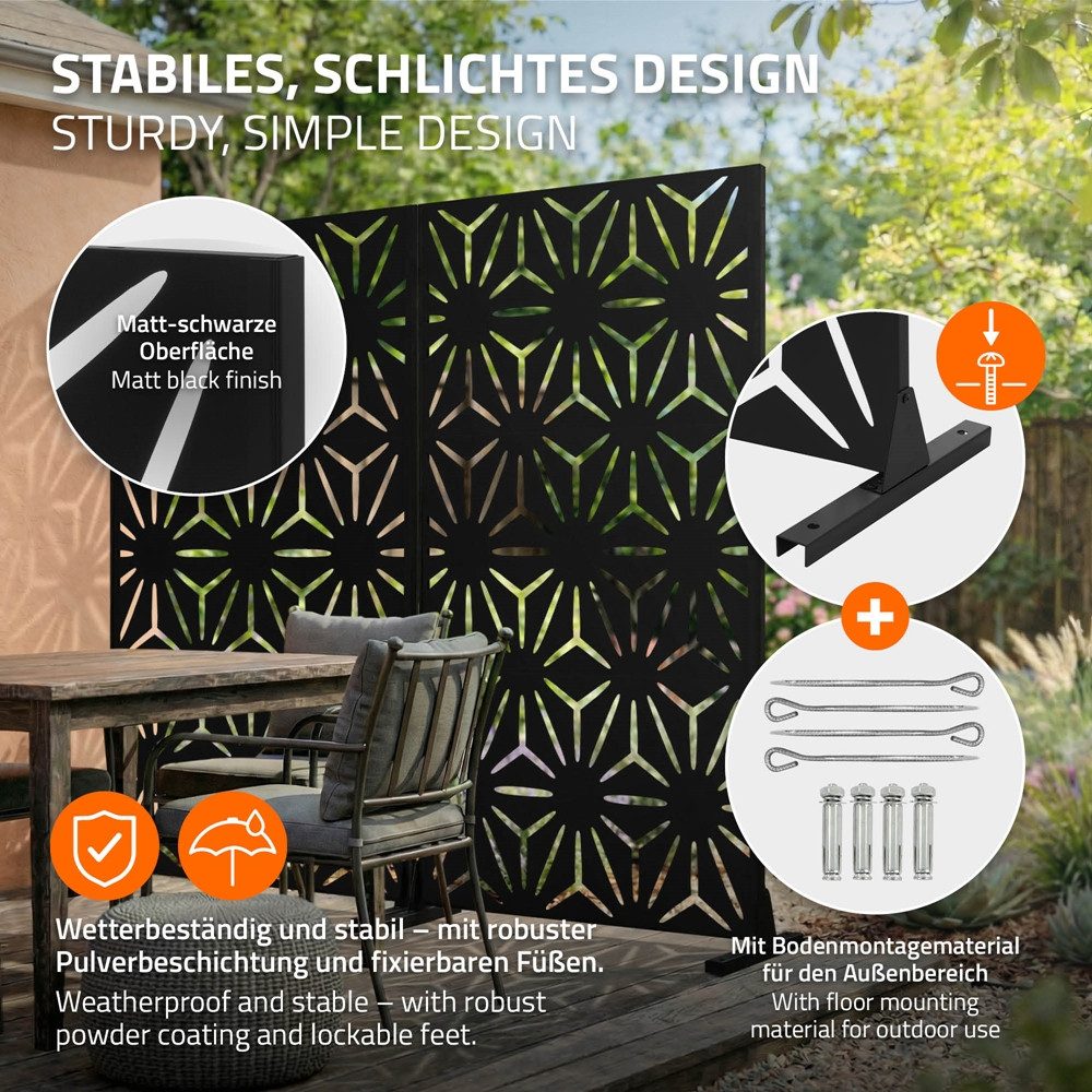 ML-DESIGN Sichtschutzelement Metall-Sichtschutz Paravent erweiterbar mit Ständer Sichtschutzwand, Raumteiler mit 3 Paneele Torino 90x180cm Stahl freistehend Trennwand