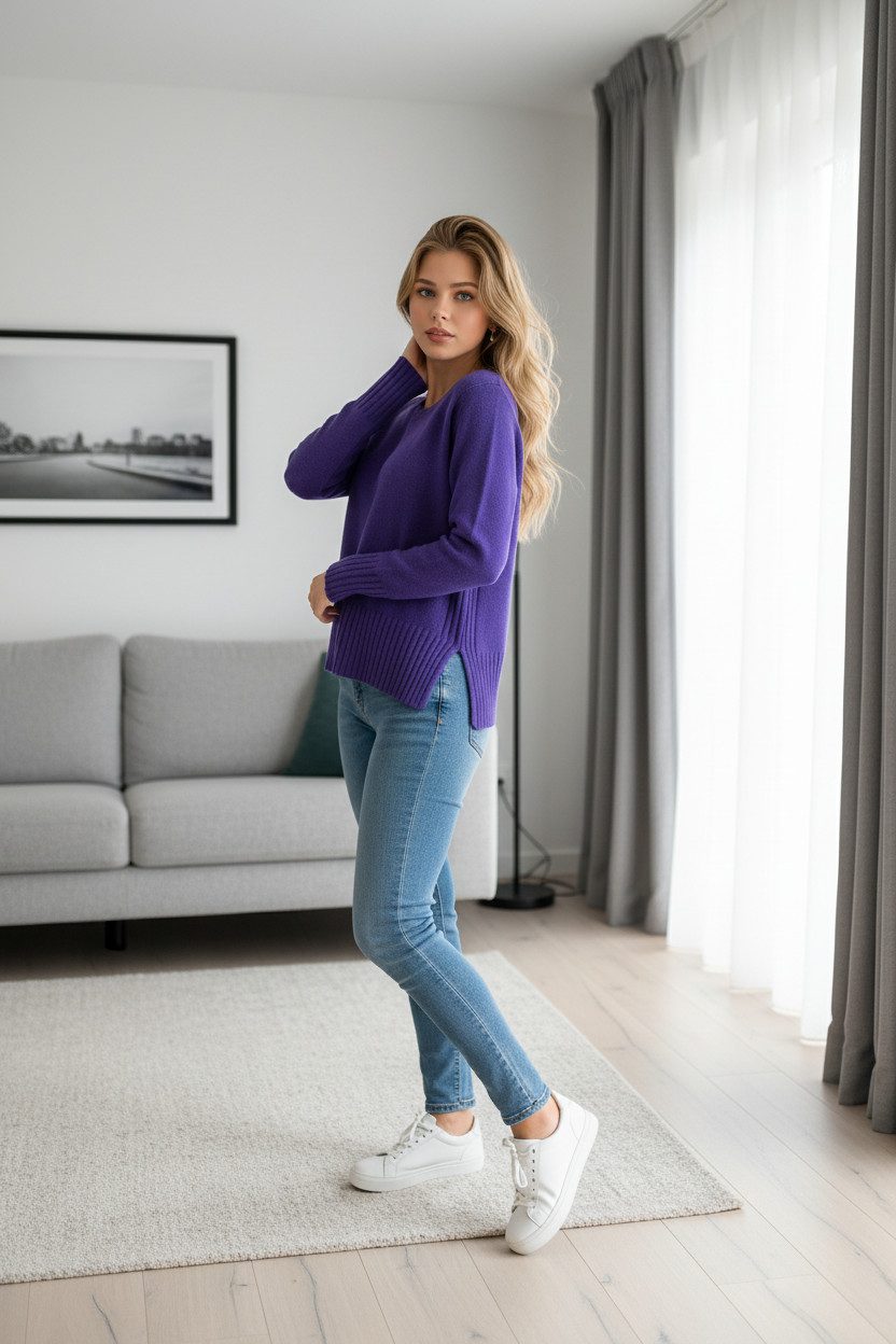 Zuckerwatte Rundhalspullover schöne Rippstrickdetails, aus wertiger Merino Cashmere Mischung