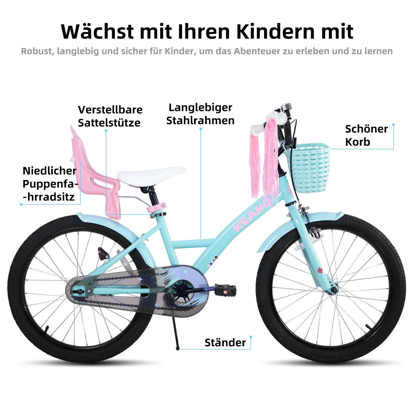 JOYSTAR Kinderfahrrad Mädchenfahrrad 14/16/18/20 Zoll mit Hochkarbonstahlrahmen, mit Puppensitz und Korb,Stützräder, Luftschlangen, Schutzblechen