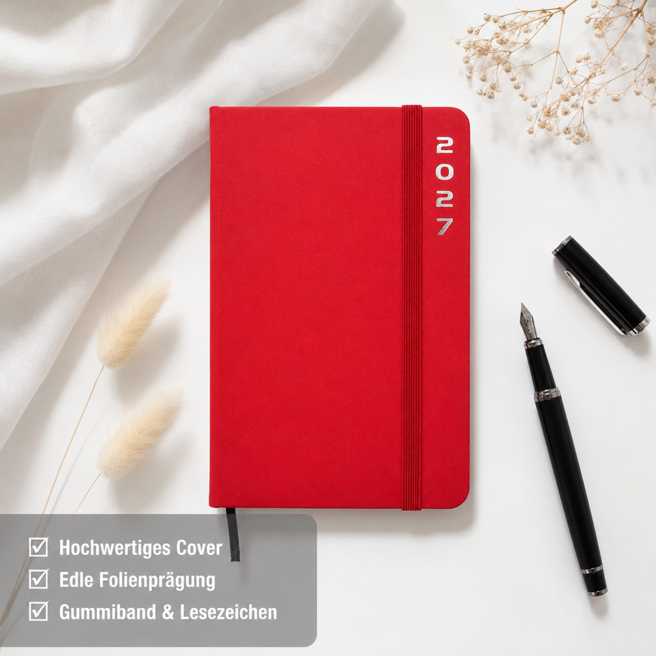 AMLI Taschenkalender Taschenkalender 2027 A6 mit Gummiband 1 Woche 2 Seiten Rot, Gummiband, Folienprägung, Leseband, Ferien & Feiertage – Bild 3 von 5
