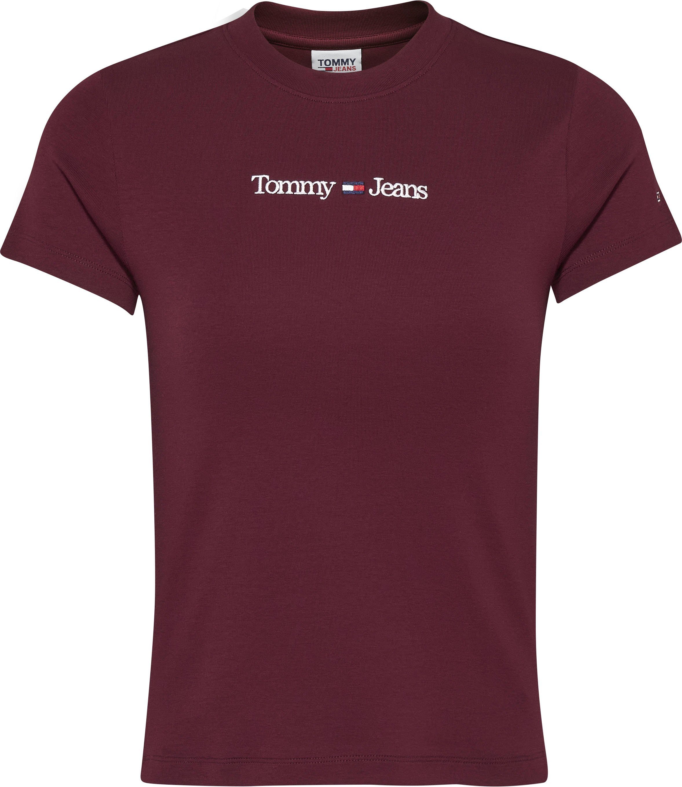Kurzarmshirt TJW dunkelrot dezenten Tommy SS BABY Jeans mit LINEAR Tommy Jeans SERIF Stickereien
